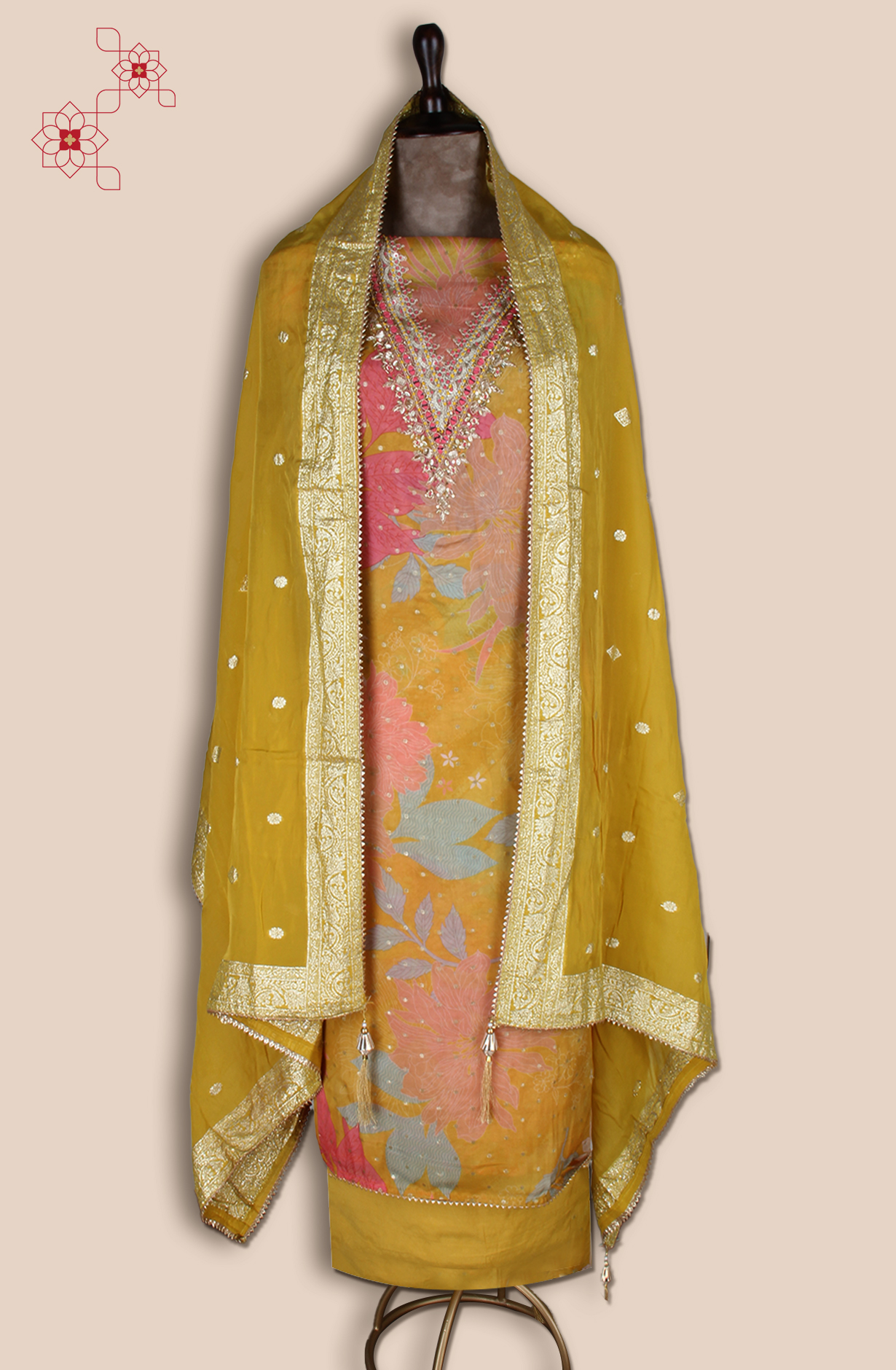 Mustard Yellow Unstitched Beautiful Organza Salwar Suit - EMP3438