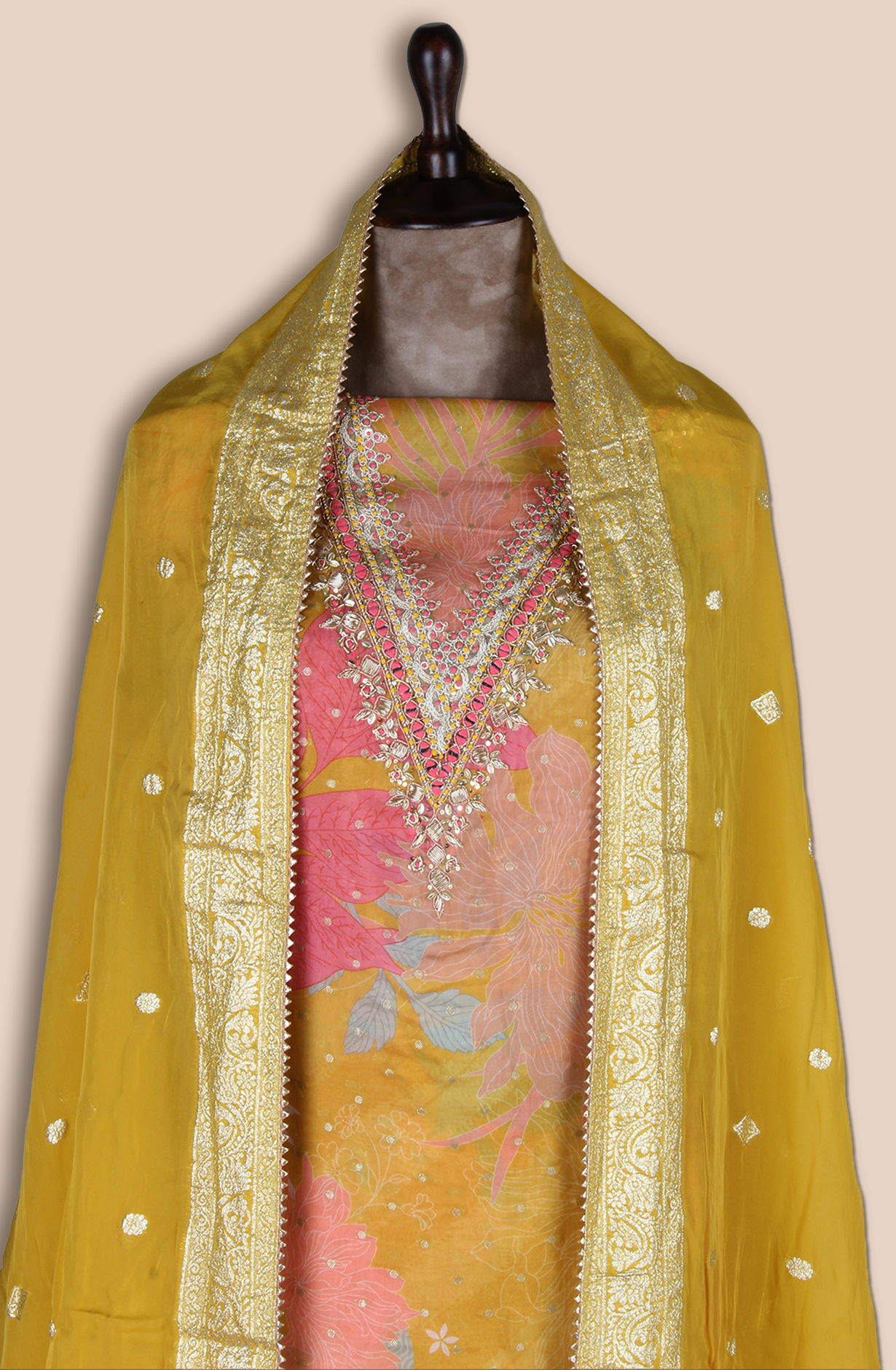Mustard Yellow Unstitched Beautiful Organza Salwar Suit - EMP3438