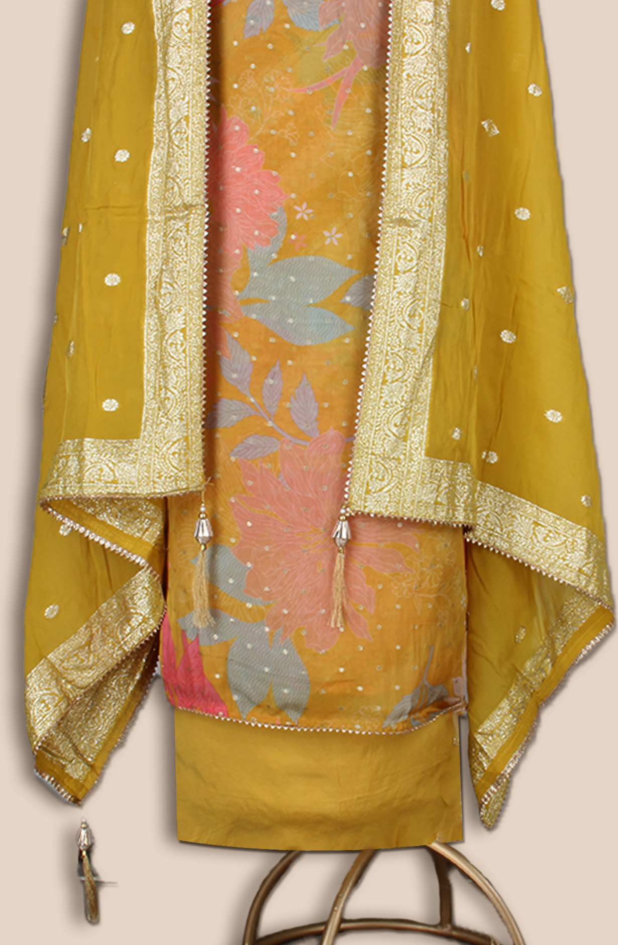 Mustard Yellow Unstitched Beautiful Organza Salwar Suit - EMP3438