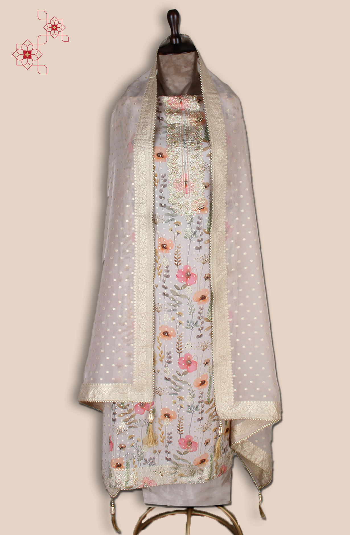 Beige Designer Organza Salwar Kameez - EMP3469