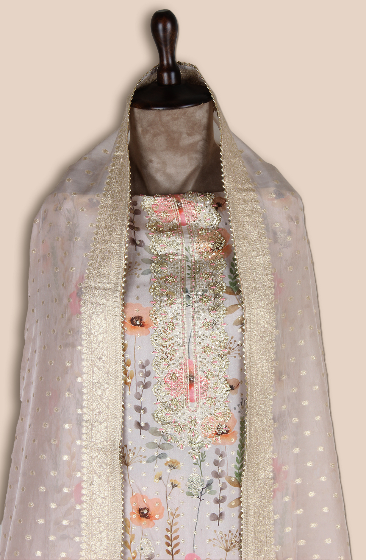 Beige Designer Organza Salwar Kameez - EMP3469