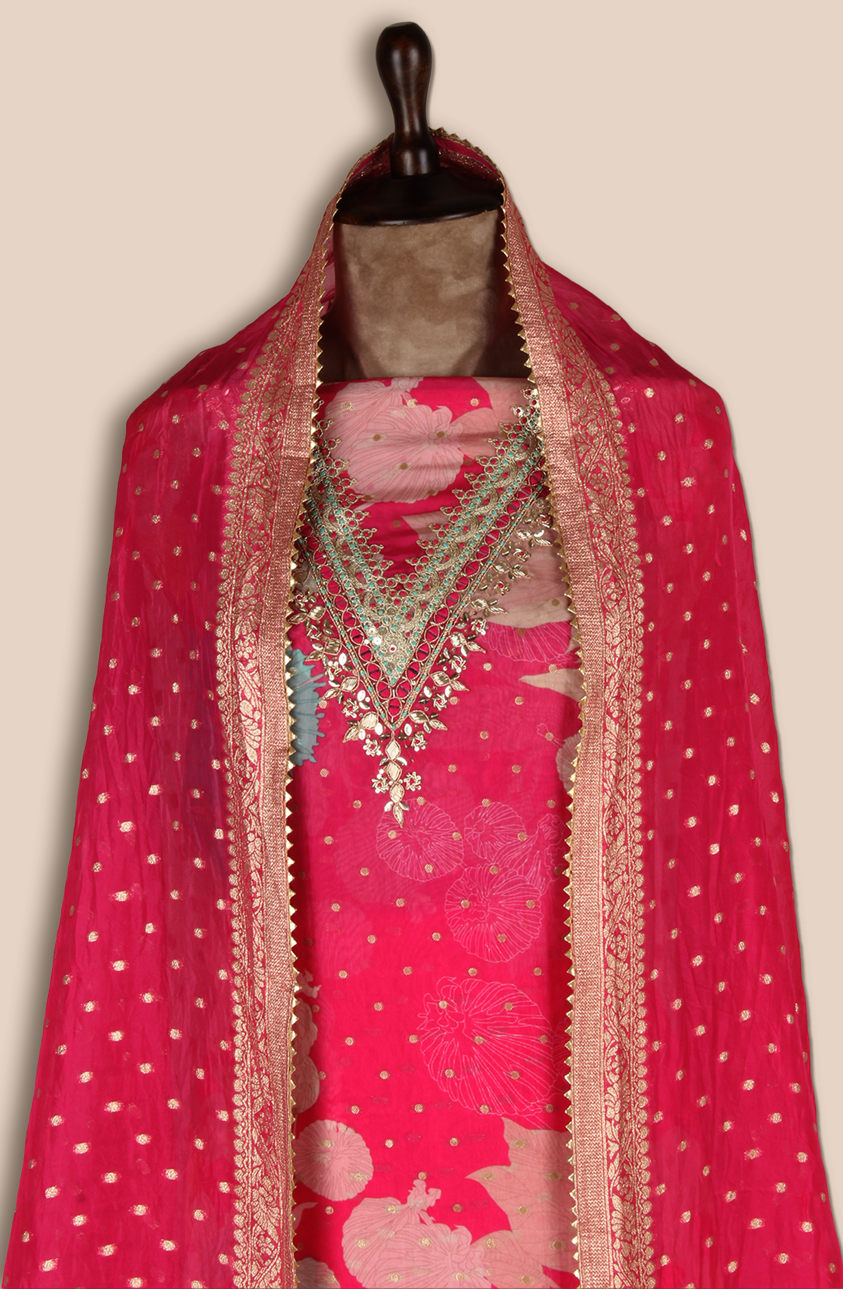 Pink Unstitched Beautiful Organza Salwar Suit - EMP3517
