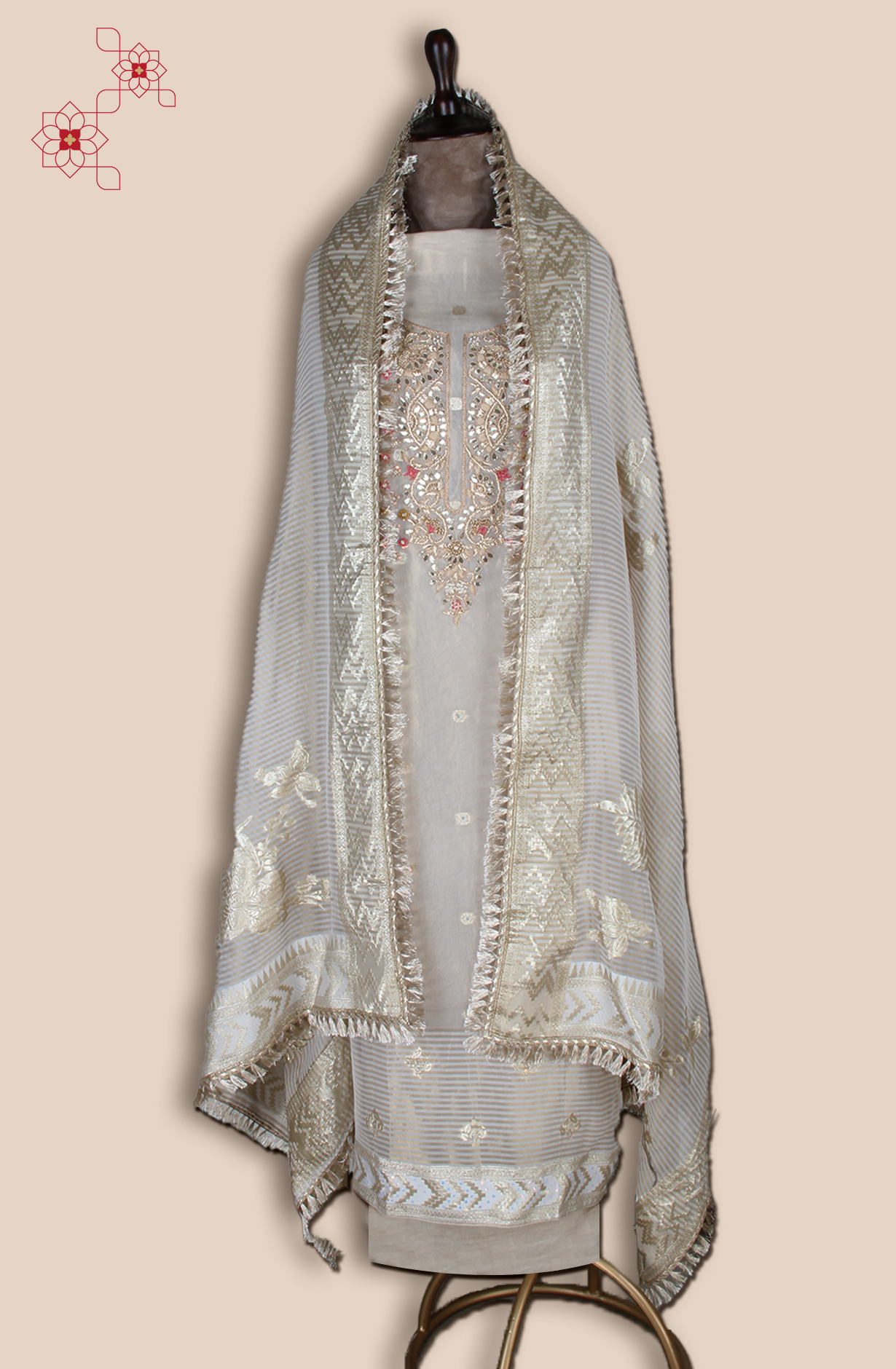 Tissue Silk Beige Zari Brocade Salwar Kameez - EMP476