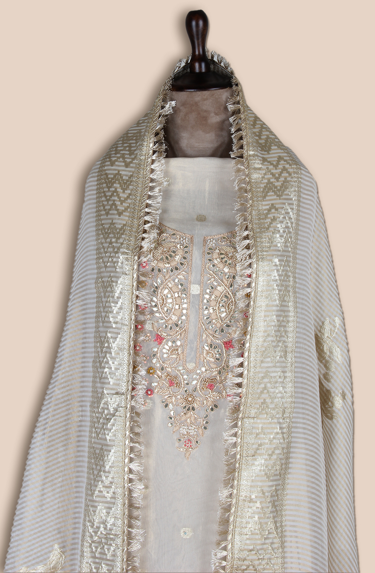 Tissue Silk Beige Zari Brocade Salwar Kameez - EMP476