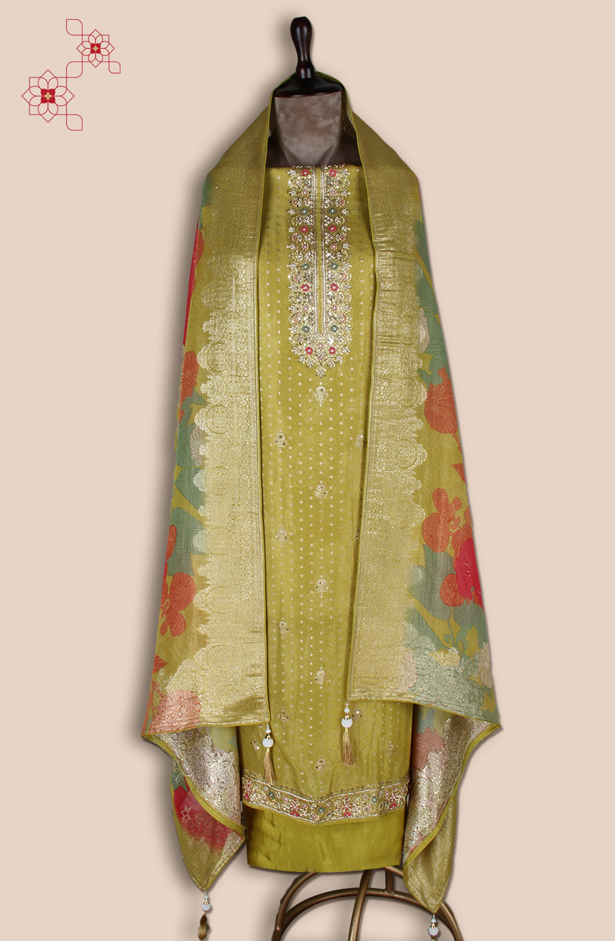 Mehndi Green Designer Tissue Silk Salwar Kameez - EMP488