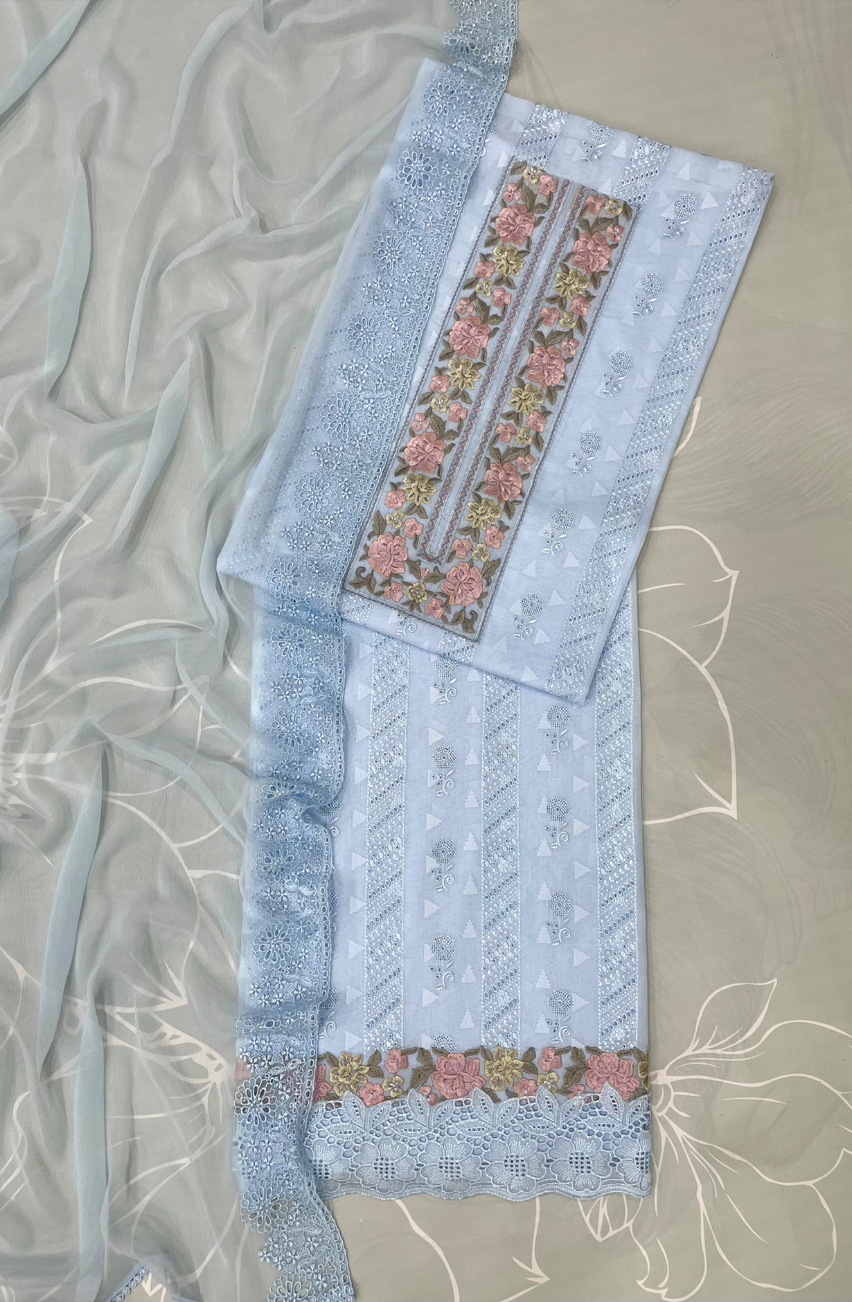 Beautiful Cotton Jacquard Suit Set with Embroidery - EMR2386B