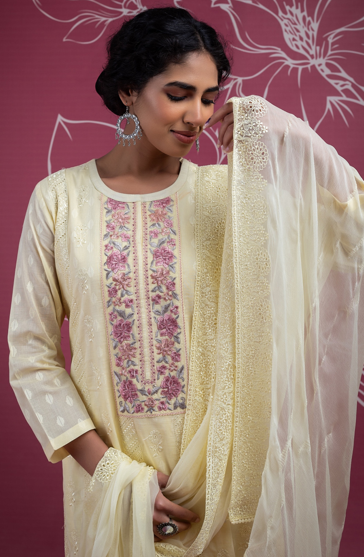 Beautiful Cotton Jacquard Suit Set with Embroidery - EMR2386C