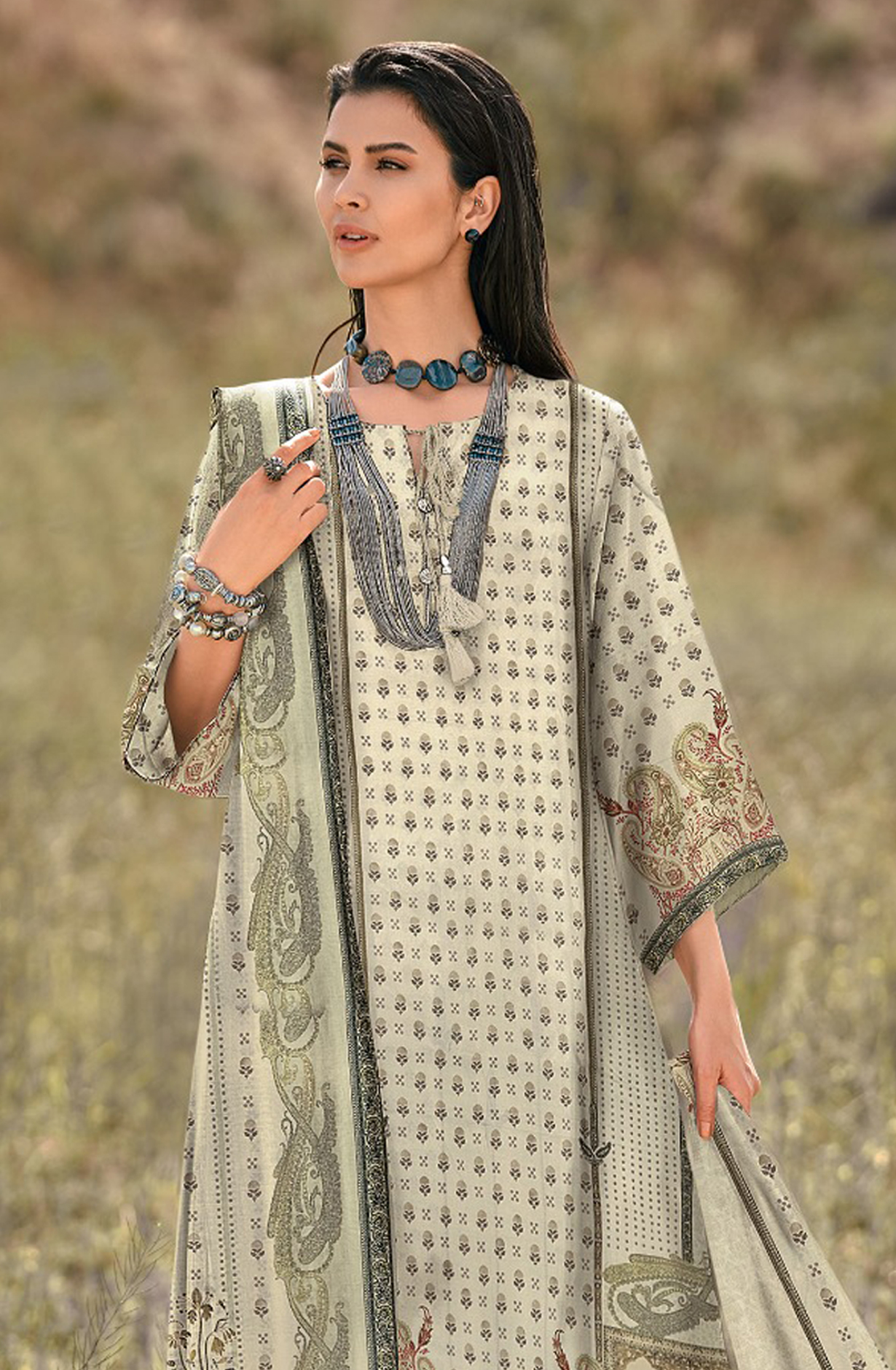 Beautiful Off-white Pashmina Unstitched Suit with Dupatta - ENCEB02