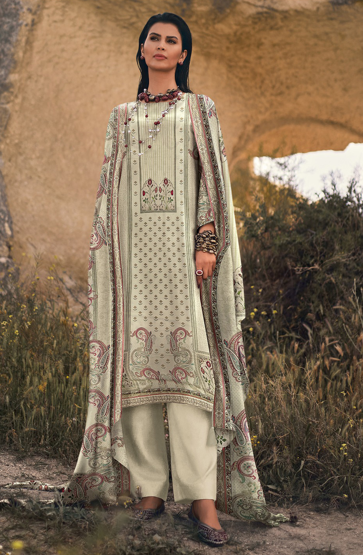 Beautiful Off-white Pashmina Unstitched Suit with Dupatta - ENCEB03