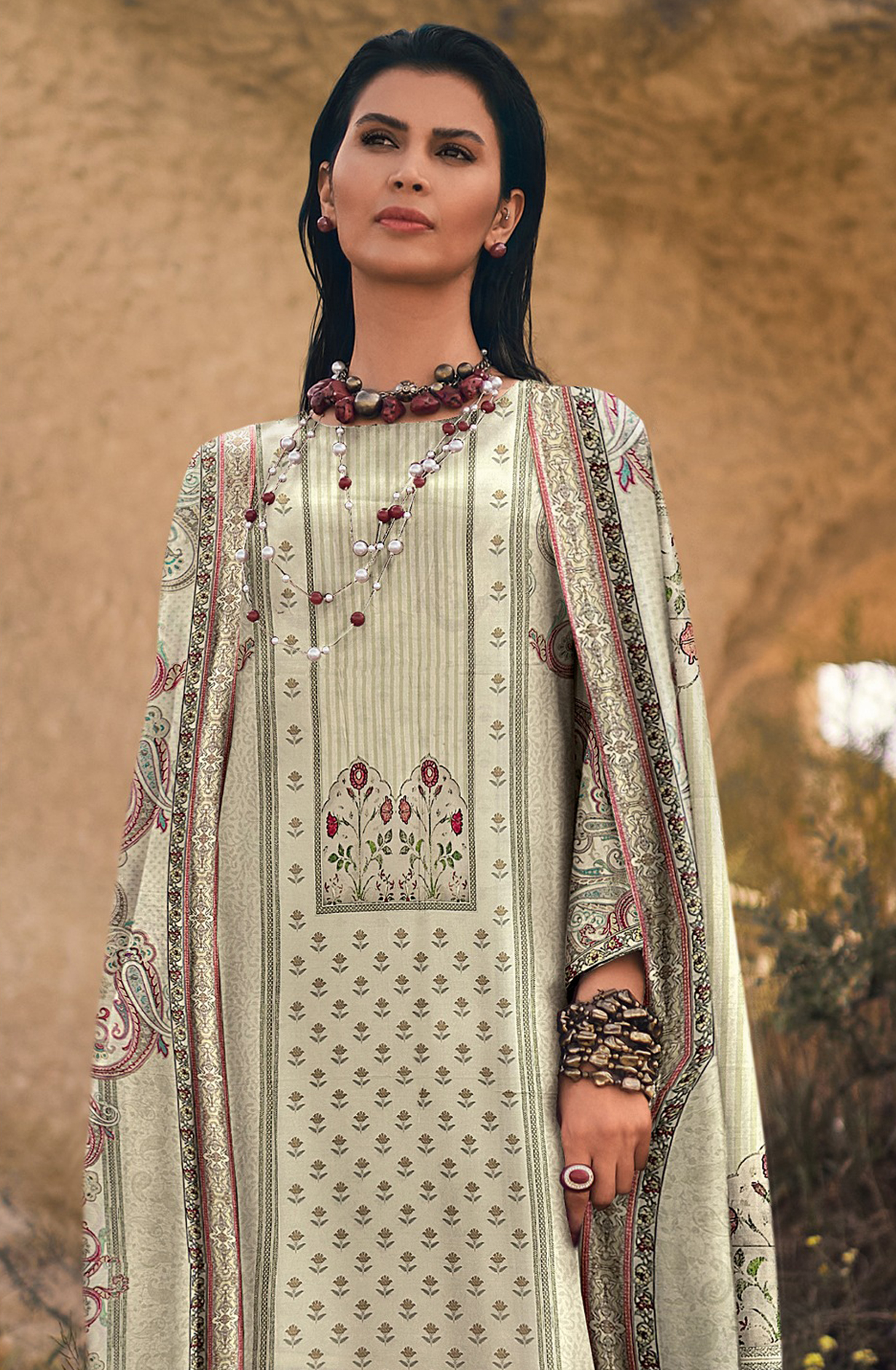 Beautiful Off-white Pashmina Unstitched Suit with Dupatta - ENCEB03