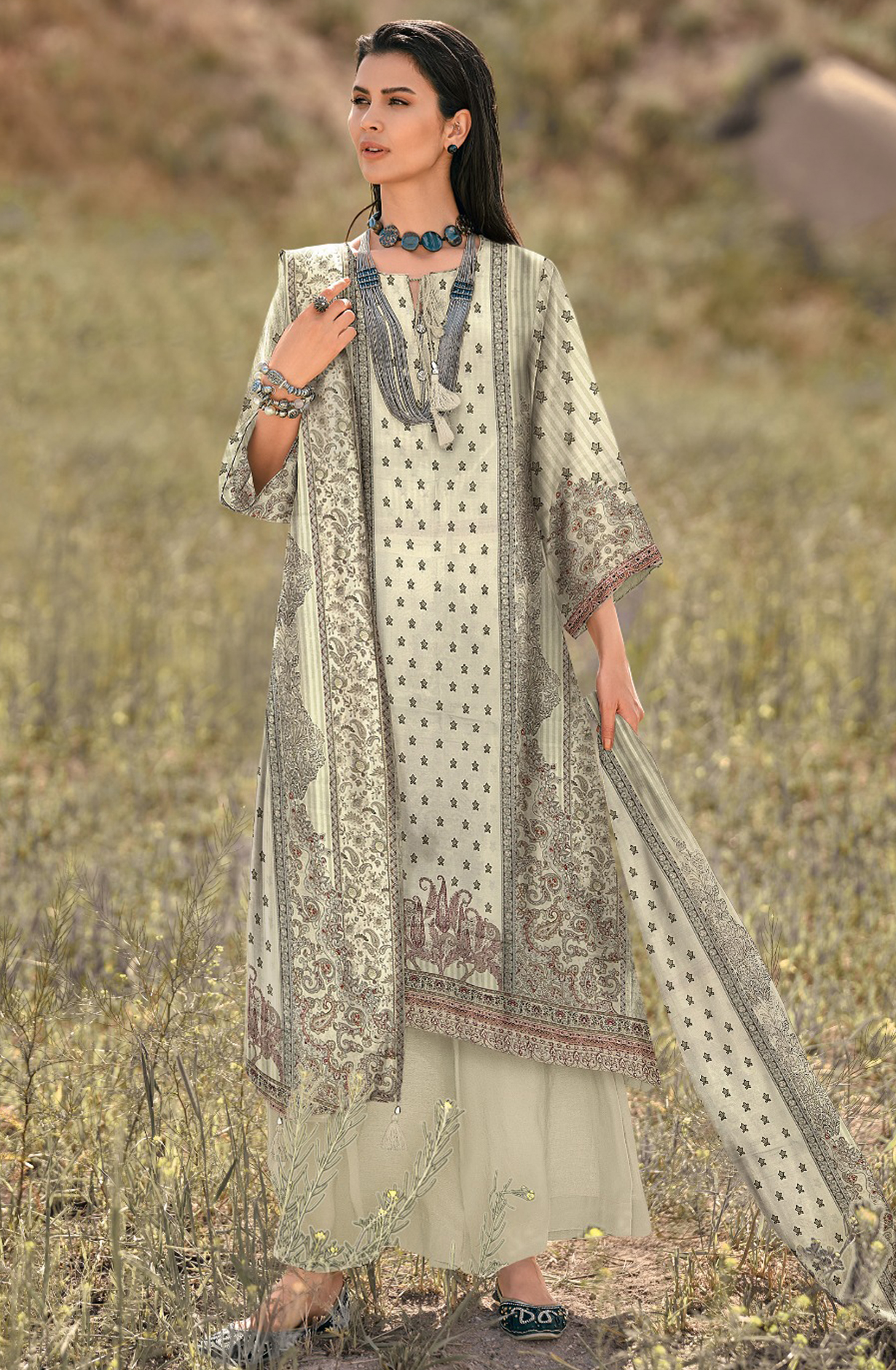 Beautiful Off-white Pashmina Unstitched Suit with Dupatta - ENCEB04