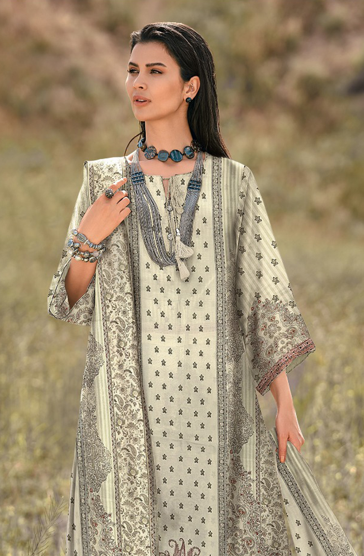 Beautiful Off-white Pashmina Unstitched Suit with Dupatta - ENCEB04
