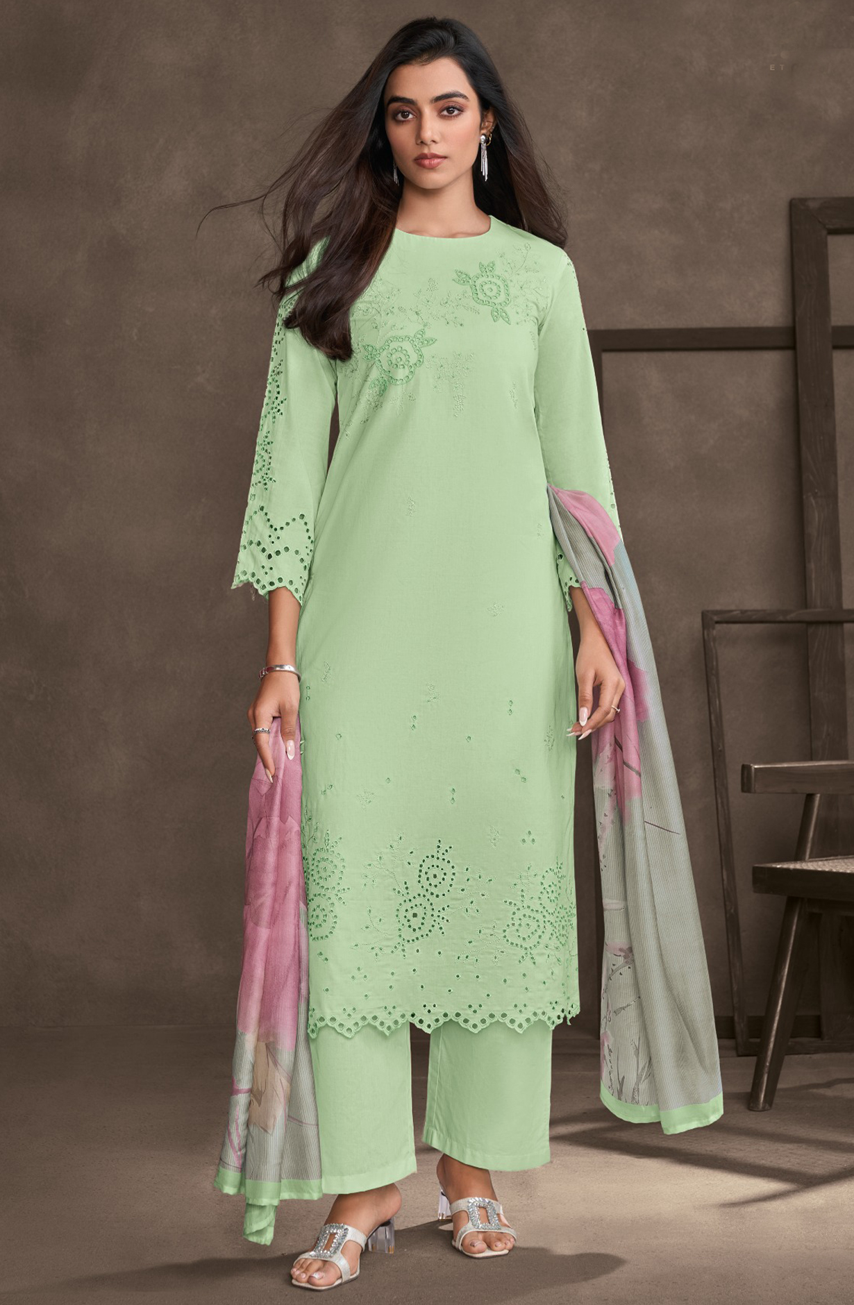 Green Cotton Handwork Suit with Muslin Dupatta - ERI7381B