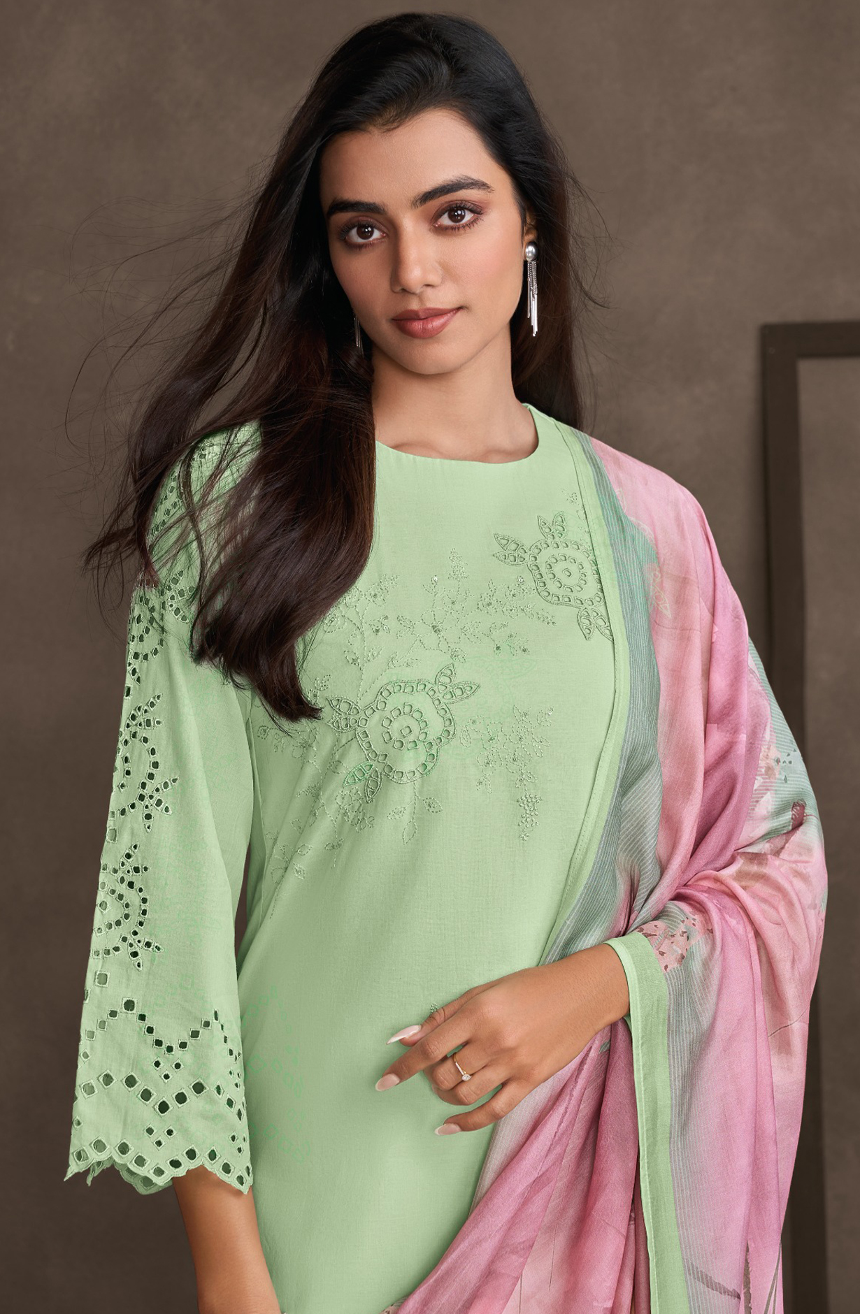 Green Cotton Handwork Suit with Muslin Dupatta - ERI7381B