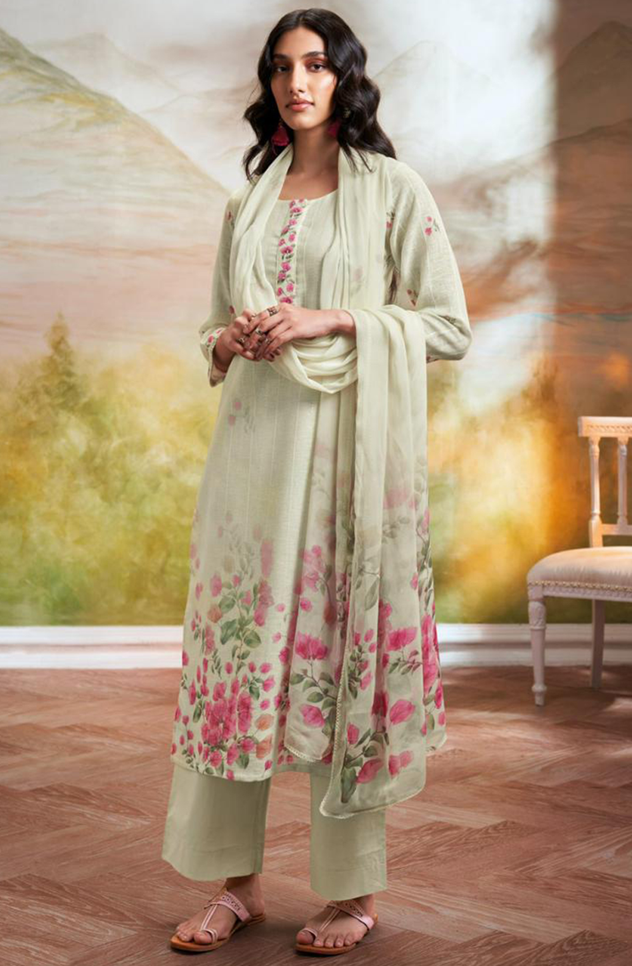 Printed Cotton Suit Set with Chiffon Dupatta - ESHS2743C