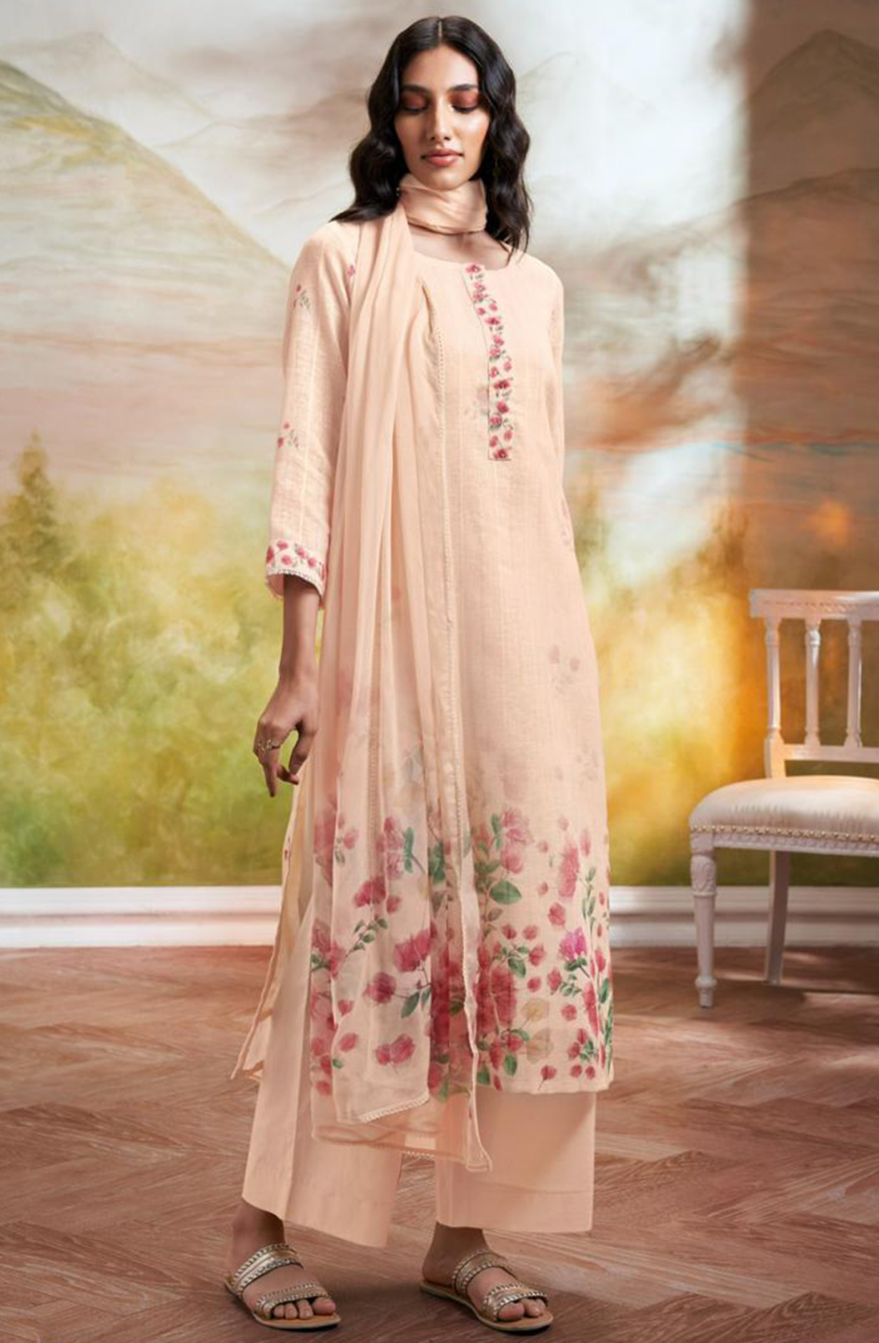 Printed Cotton Suit Set with Chiffon Dupatta - ESHS2743D