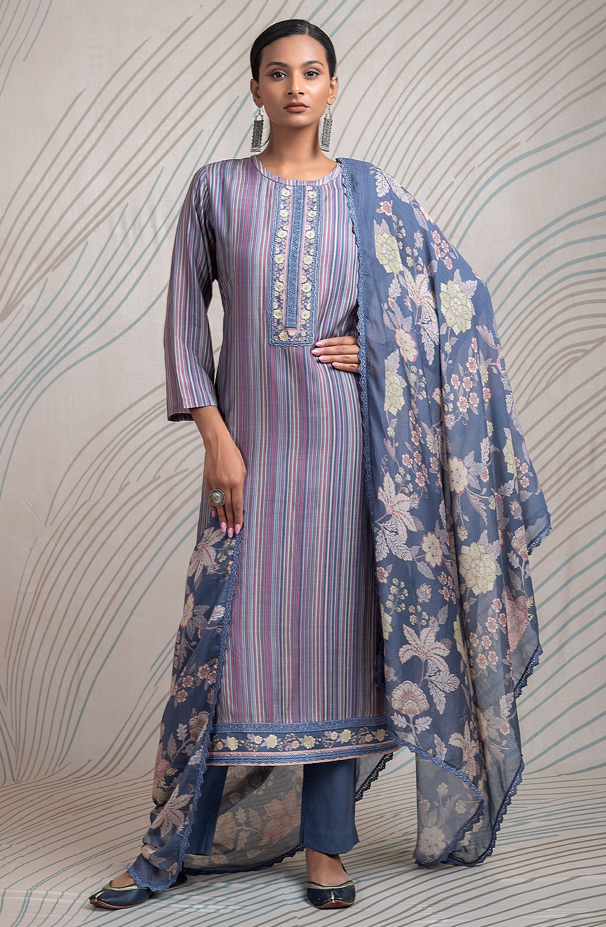 Pastel Grey Pure Muslin Unstitched Digital Printed Suit with Embroidery Work - ETR2170A