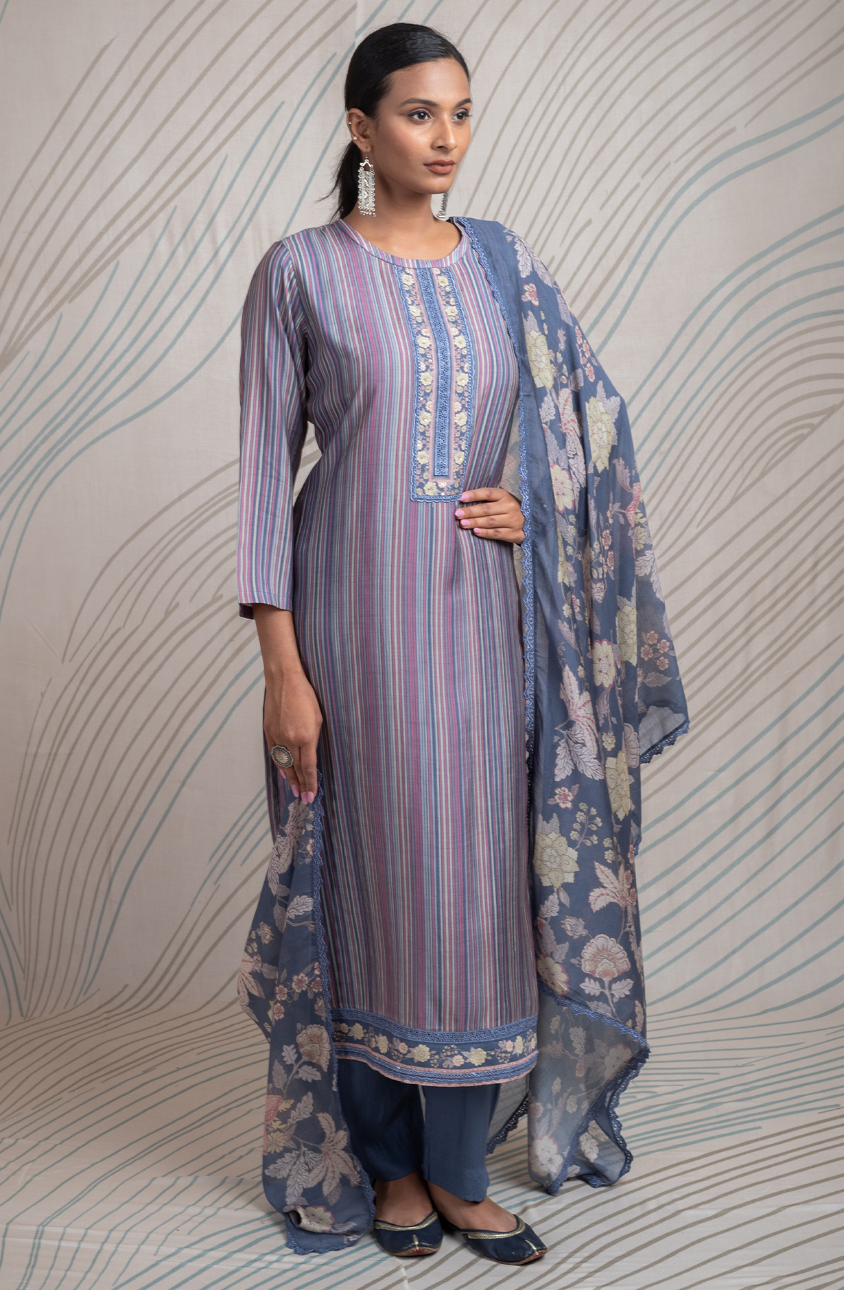 Pastel Grey Pure Muslin Unstitched Digital Printed Suit with Embroidery Work - ETR2170A