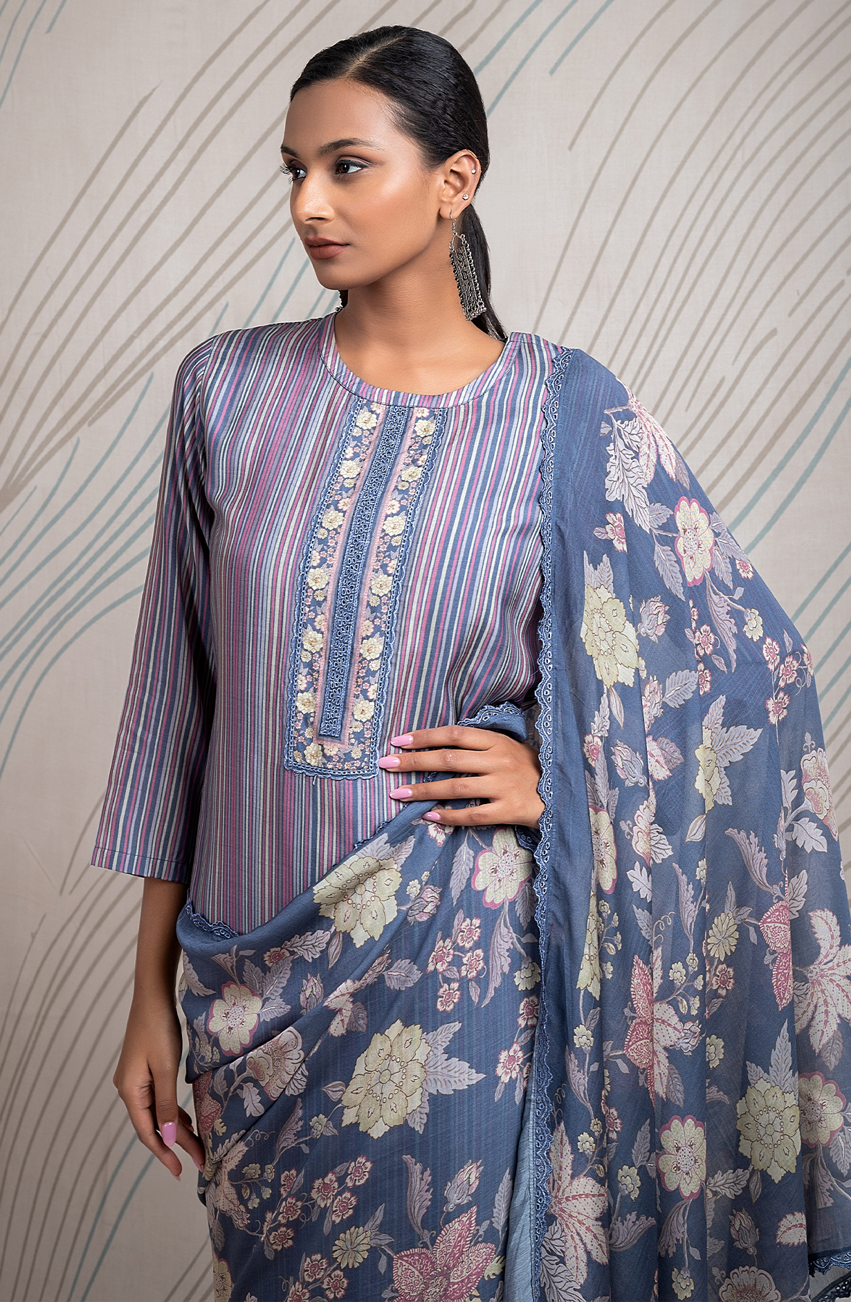 Pastel Grey Pure Muslin Unstitched Digital Printed Suit with Embroidery Work - ETR2170A