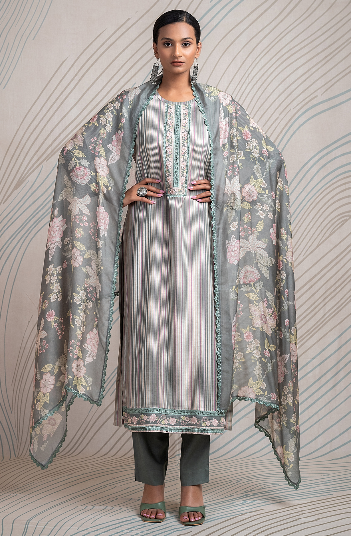 Olive Green Pure Muslin Unstitched Digital Printed Suit with Embroidery Work - ETR2170B