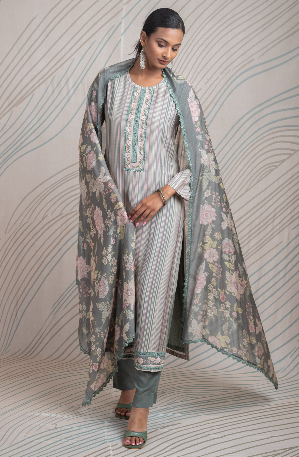 Olive Green Pure Muslin Unstitched Digital Printed Suit with Embroidery Work - ETR2170B
