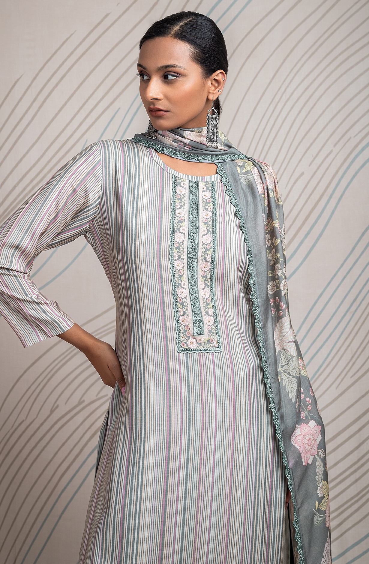 Olive Green Pure Muslin Unstitched Digital Printed Suit with Embroidery Work - ETR2170B