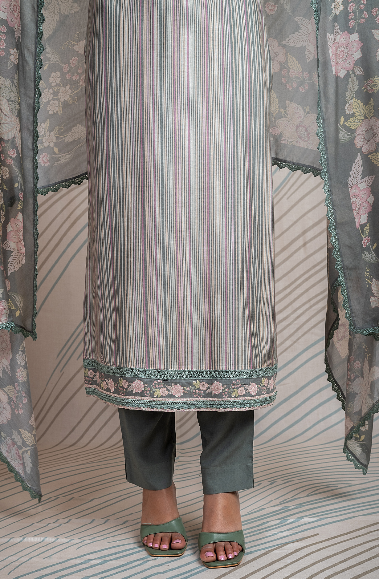 Olive Green Pure Muslin Unstitched Digital Printed Suit with Embroidery Work - ETR2170B