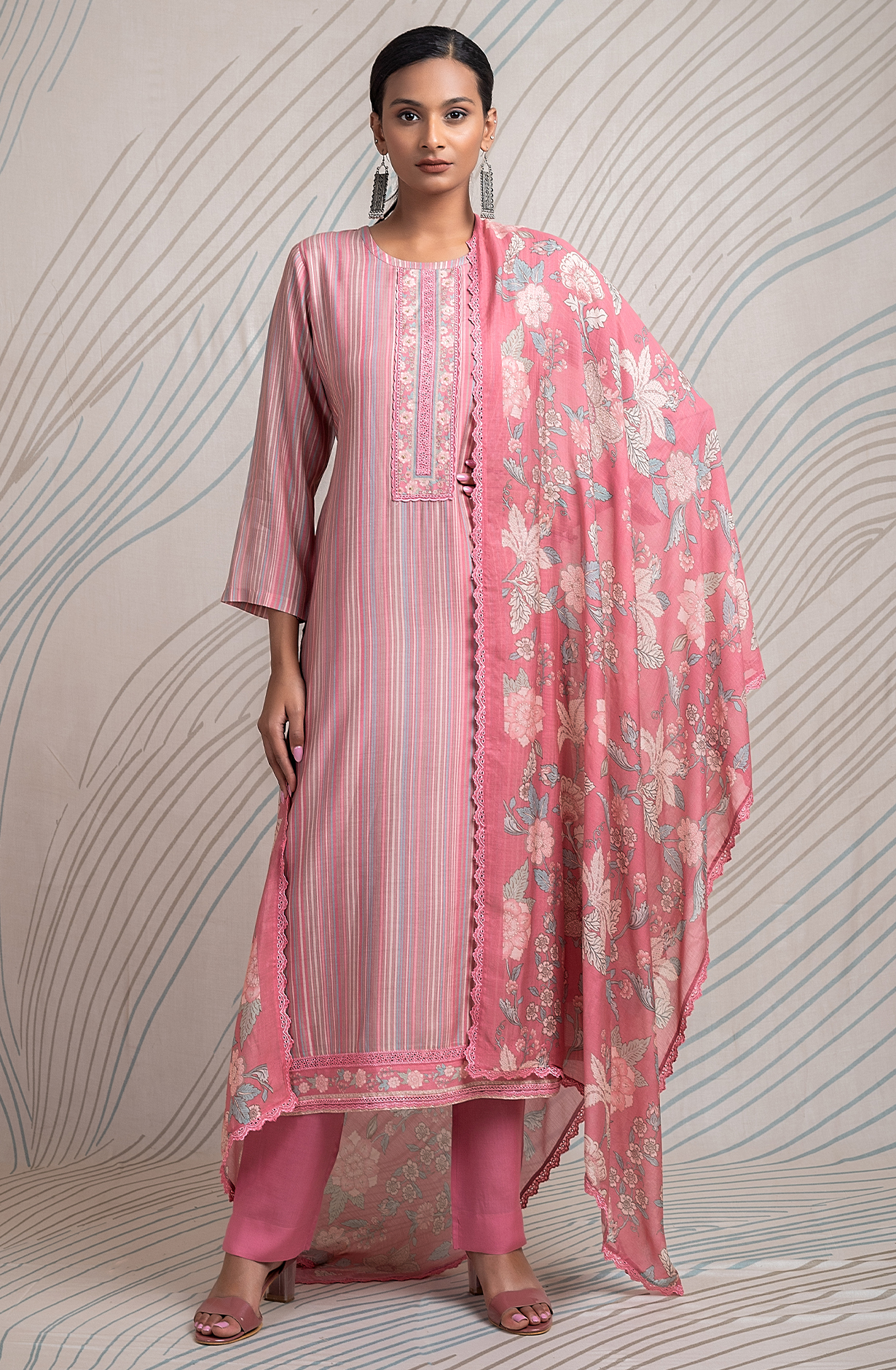 Pink Pure Muslin Unstitched Digital Printed Suit with Embroidery Work - ETR2170C