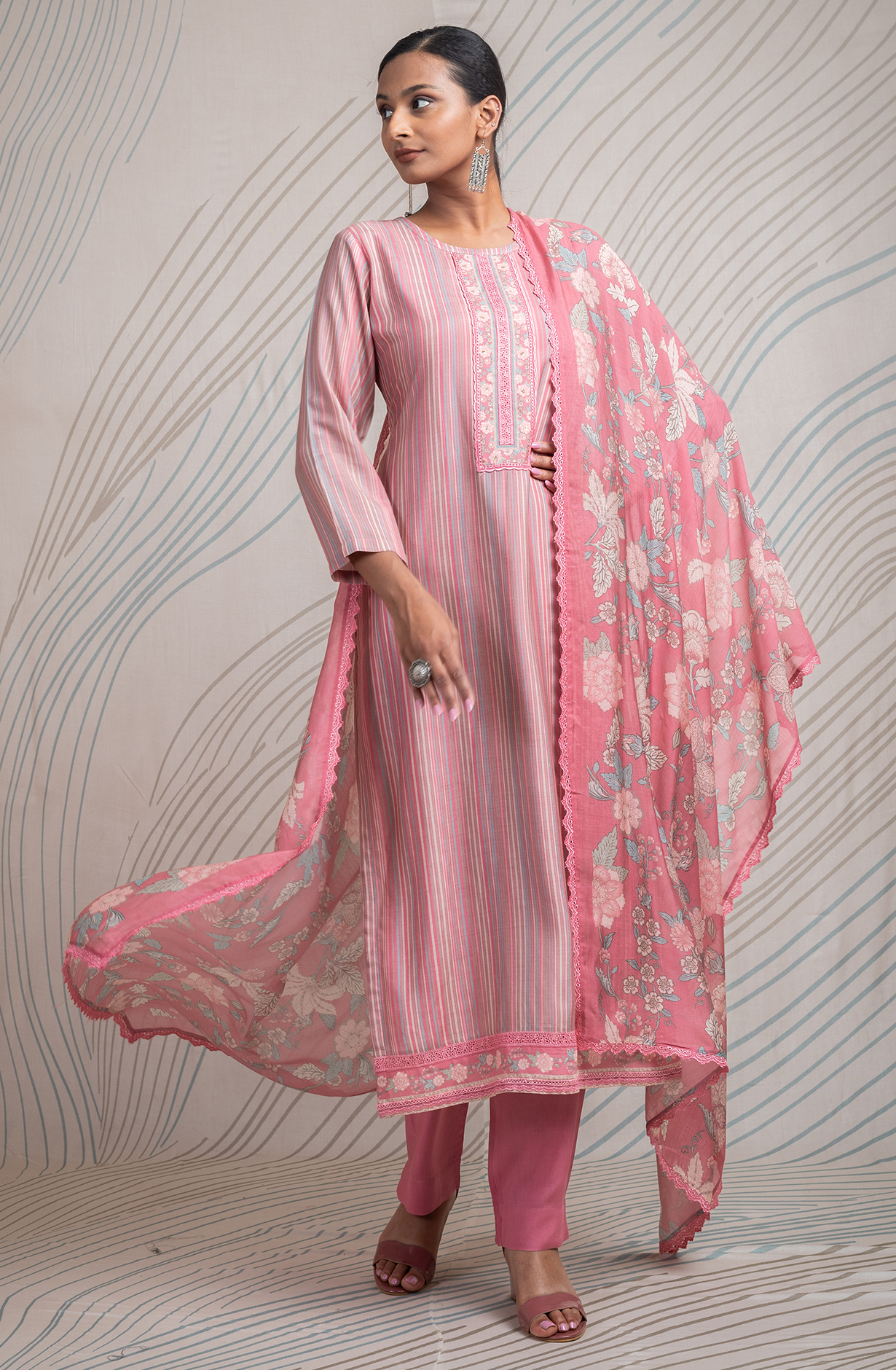 Pink Pure Muslin Unstitched Digital Printed Suit with Embroidery Work - ETR2170C