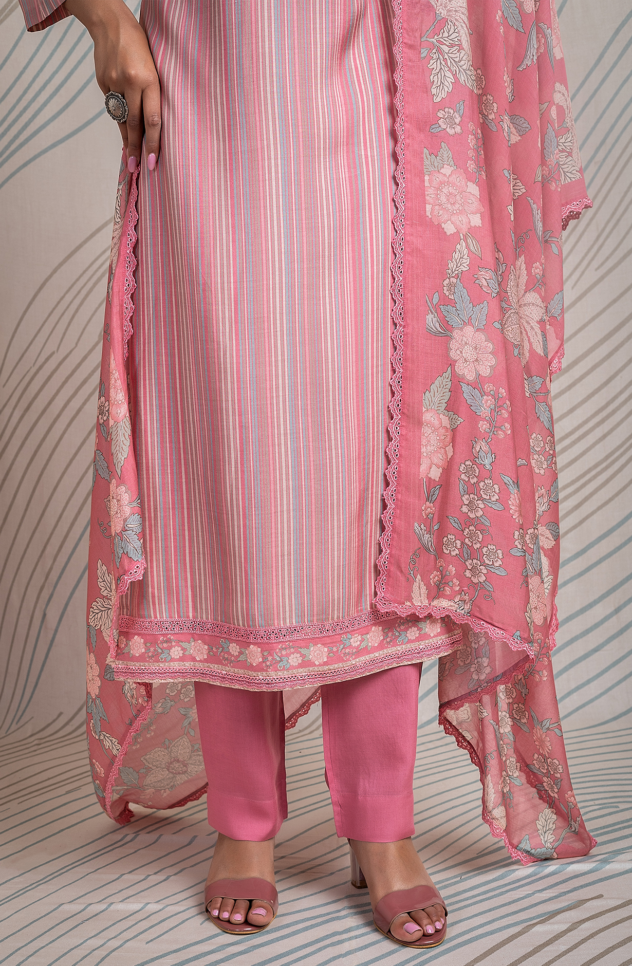 Pink Pure Muslin Unstitched Digital Printed Suit with Embroidery Work - ETR2170C