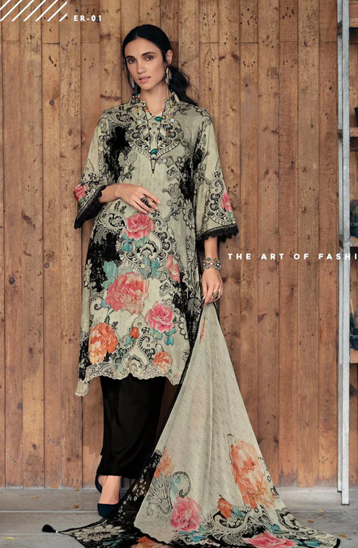 Black Cotton Unstitched Digital Printed Salwar Kameez with Chiffon Dupatta - EVA01