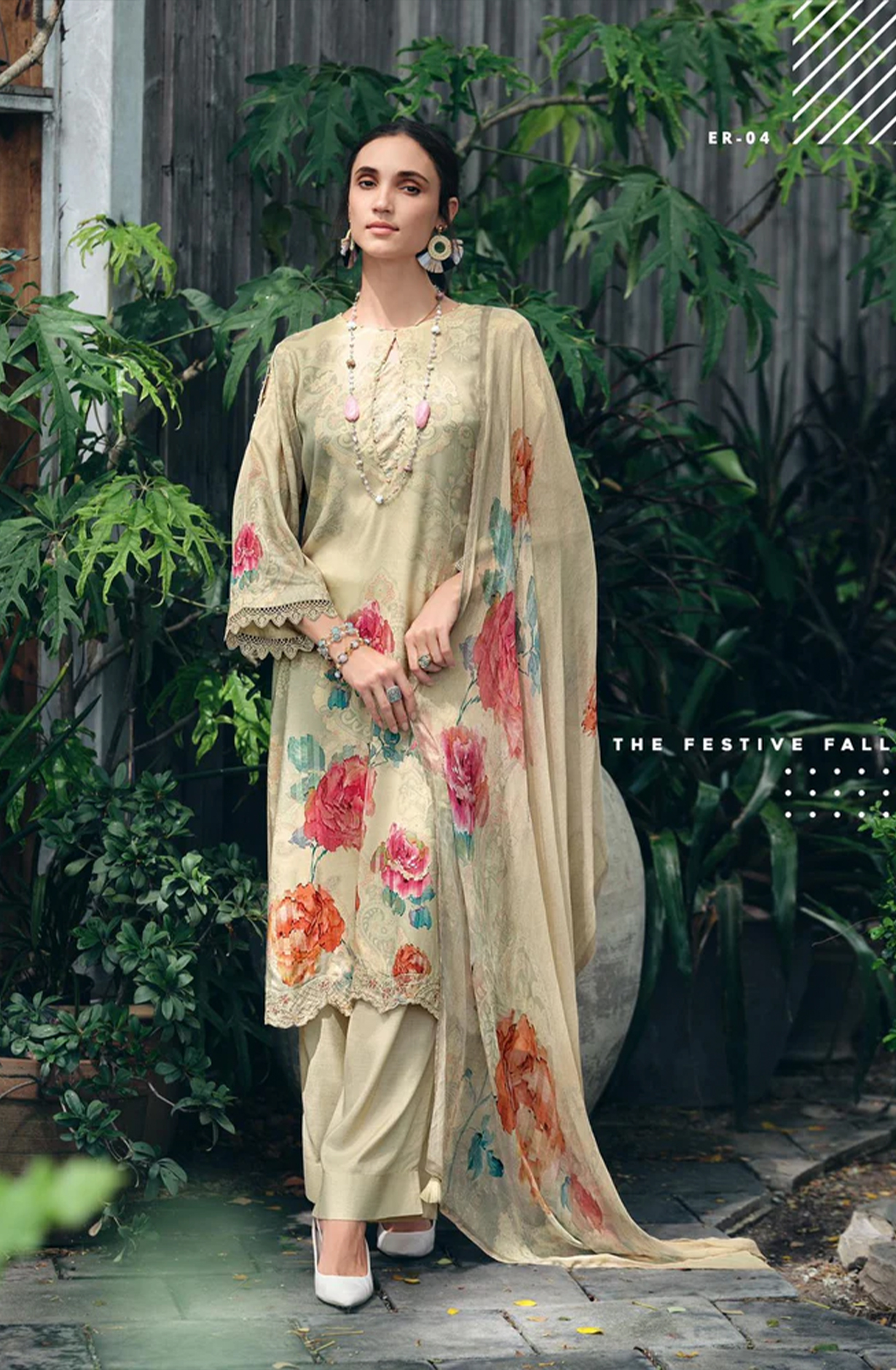 Beige Cotton Unstitched Digital Printed Salwar Kameez with Chiffon Dupatta - EVA04