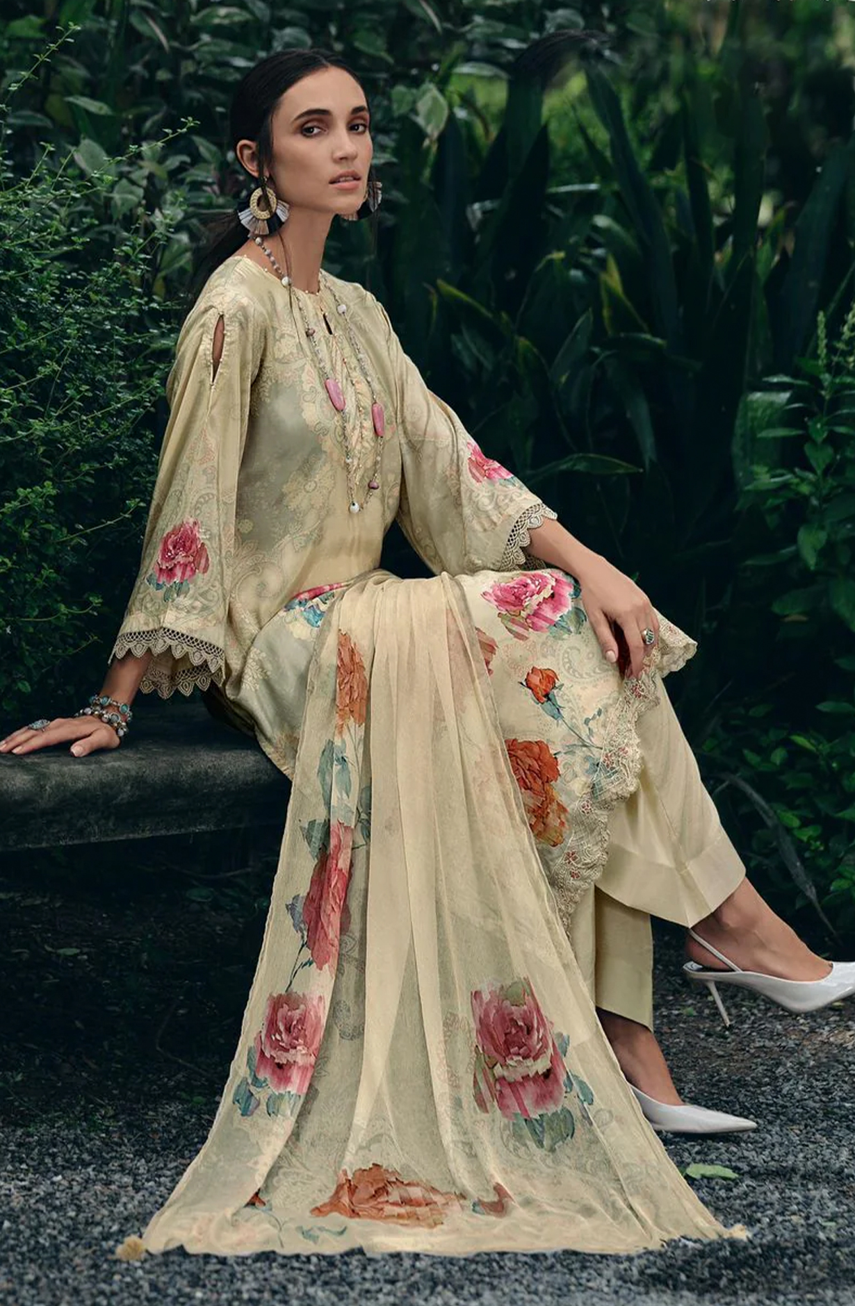 Beige Cotton Unstitched Digital Printed Salwar Kameez with Chiffon Dupatta - EVA04