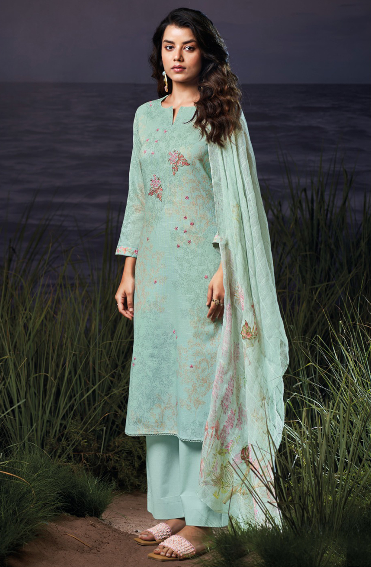Blue Cotton Linen Printed Suit Set with Dupatta- EVAS3555A