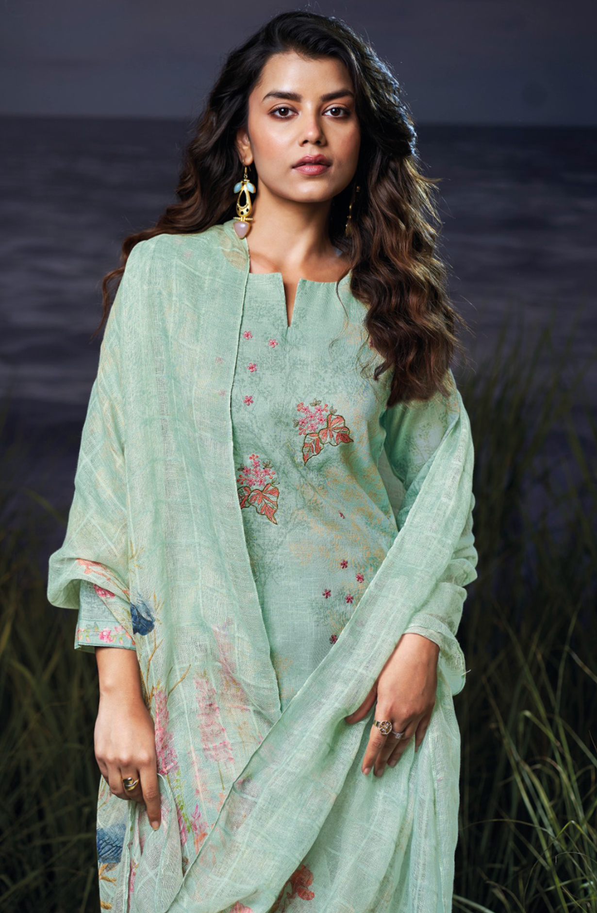 Blue Cotton Linen Printed Suit Set with Dupatta- EVAS3555A