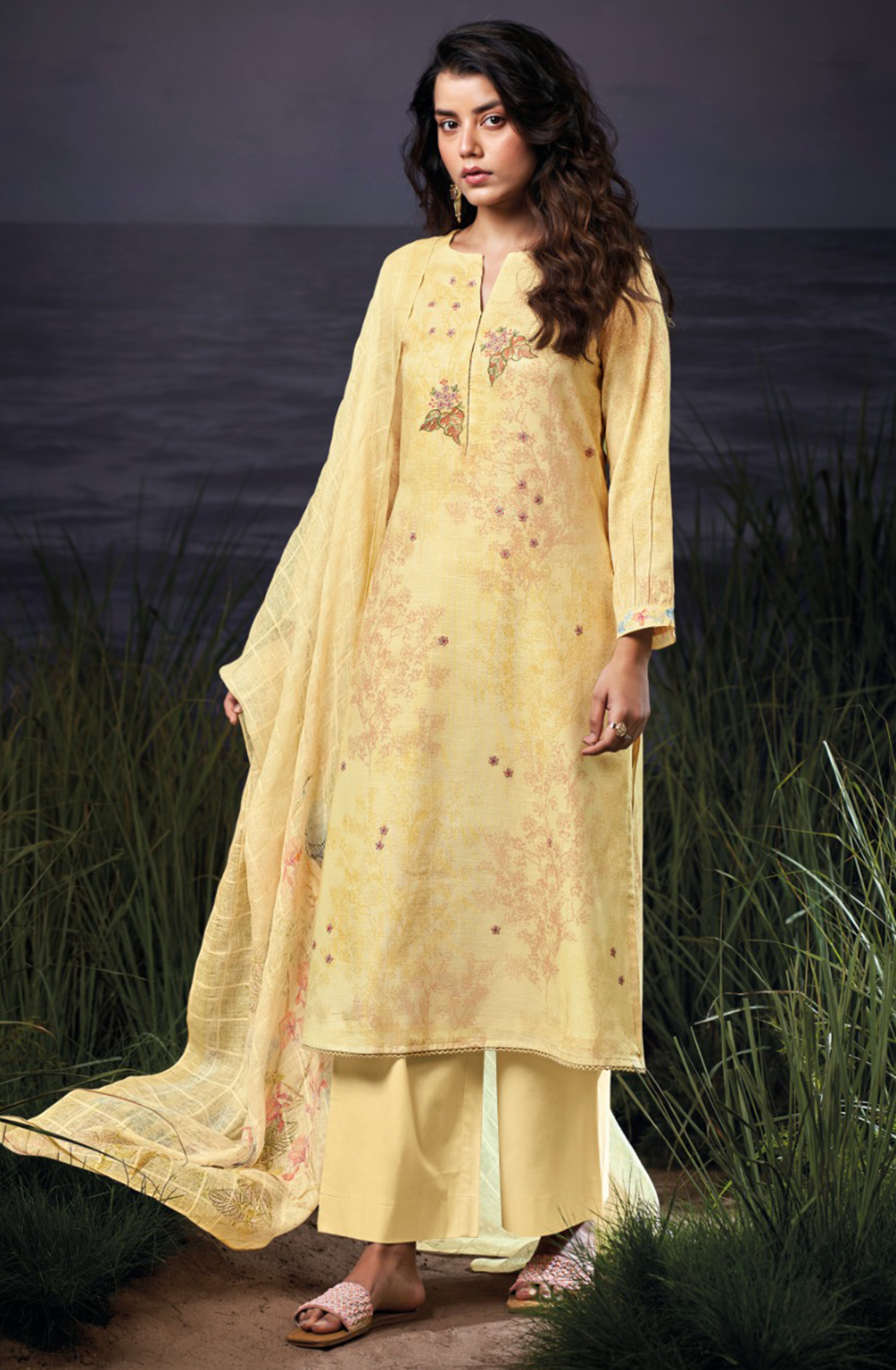 Mustard Cotton Linen Printed Suit Set with Dupatta- EVAS3555B