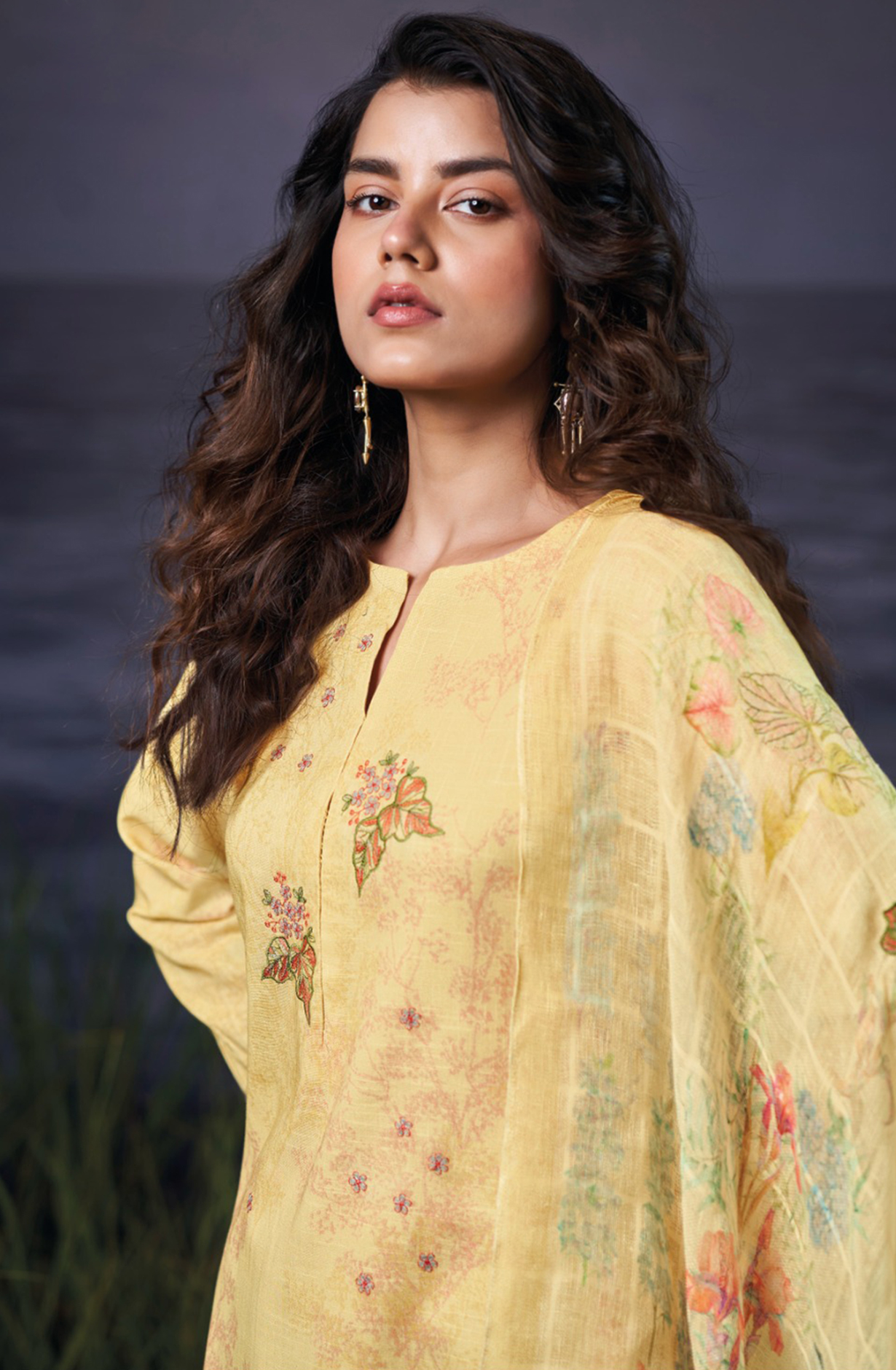 Mustard Cotton Linen Printed Suit Set with Dupatta- EVAS3555B