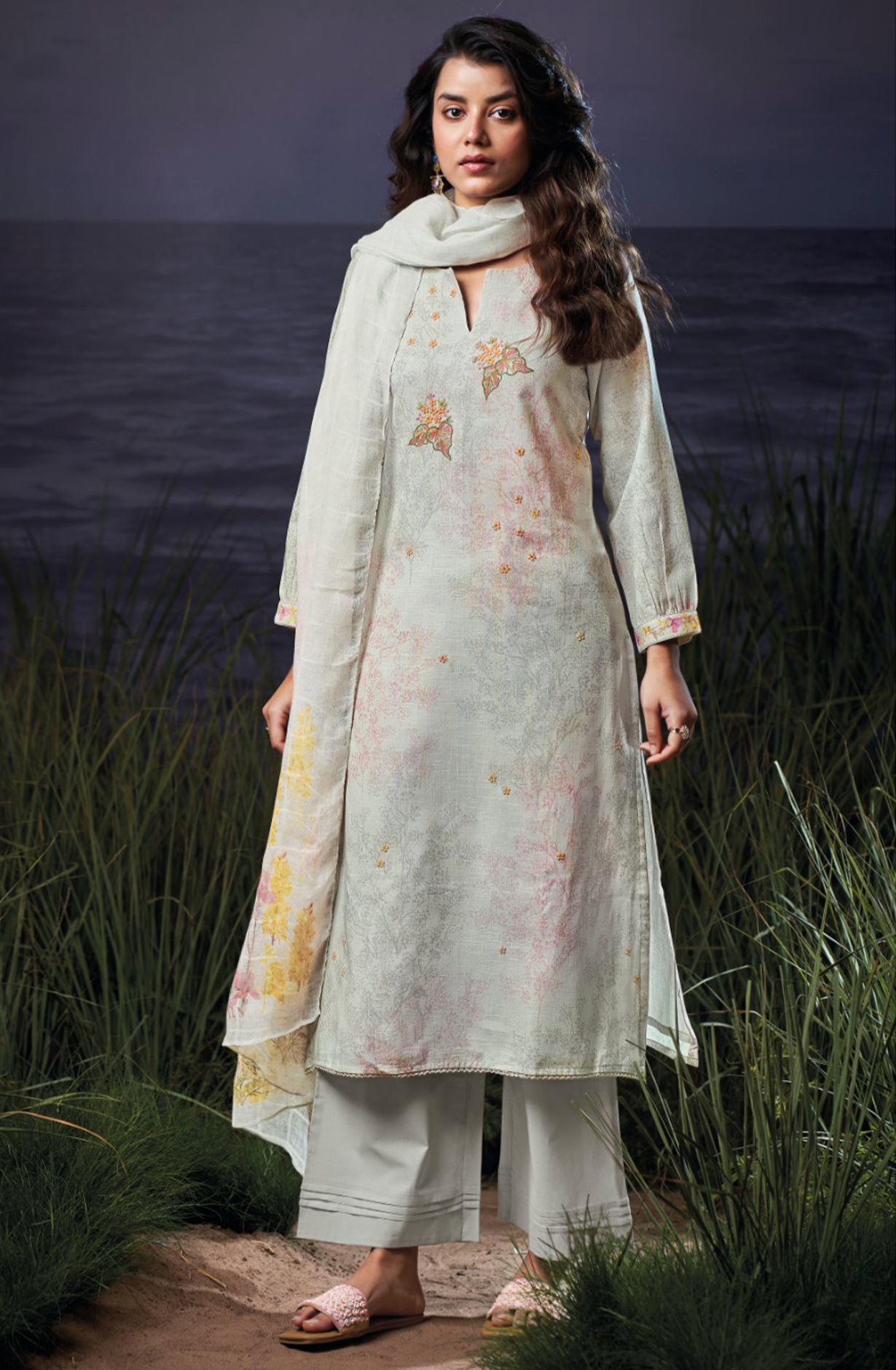 Grey Cotton Linen Printed Suit Set with Dupatta- EVAS3555C