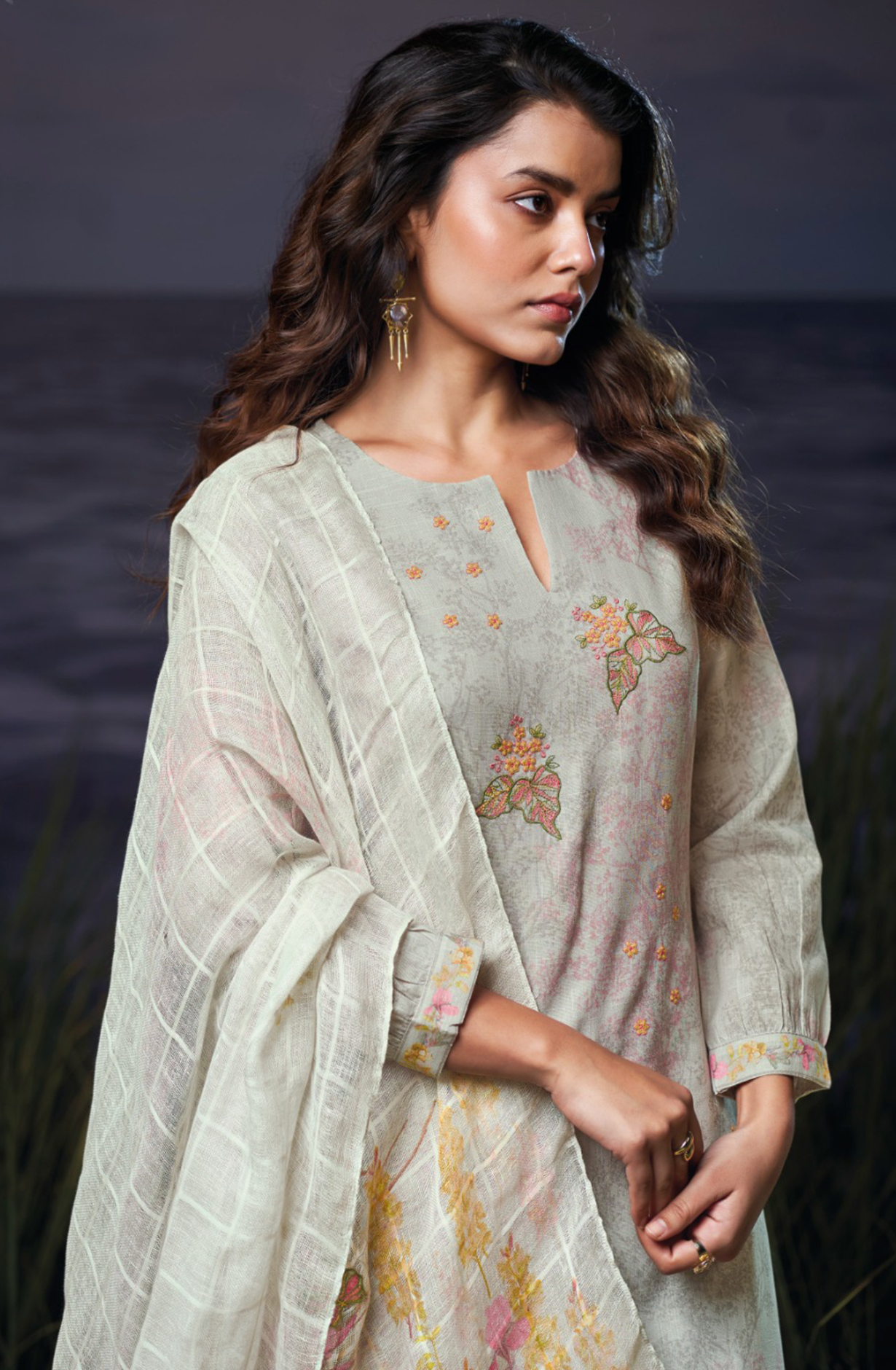 Grey Cotton Linen Printed Suit Set with Dupatta- EVAS3555C