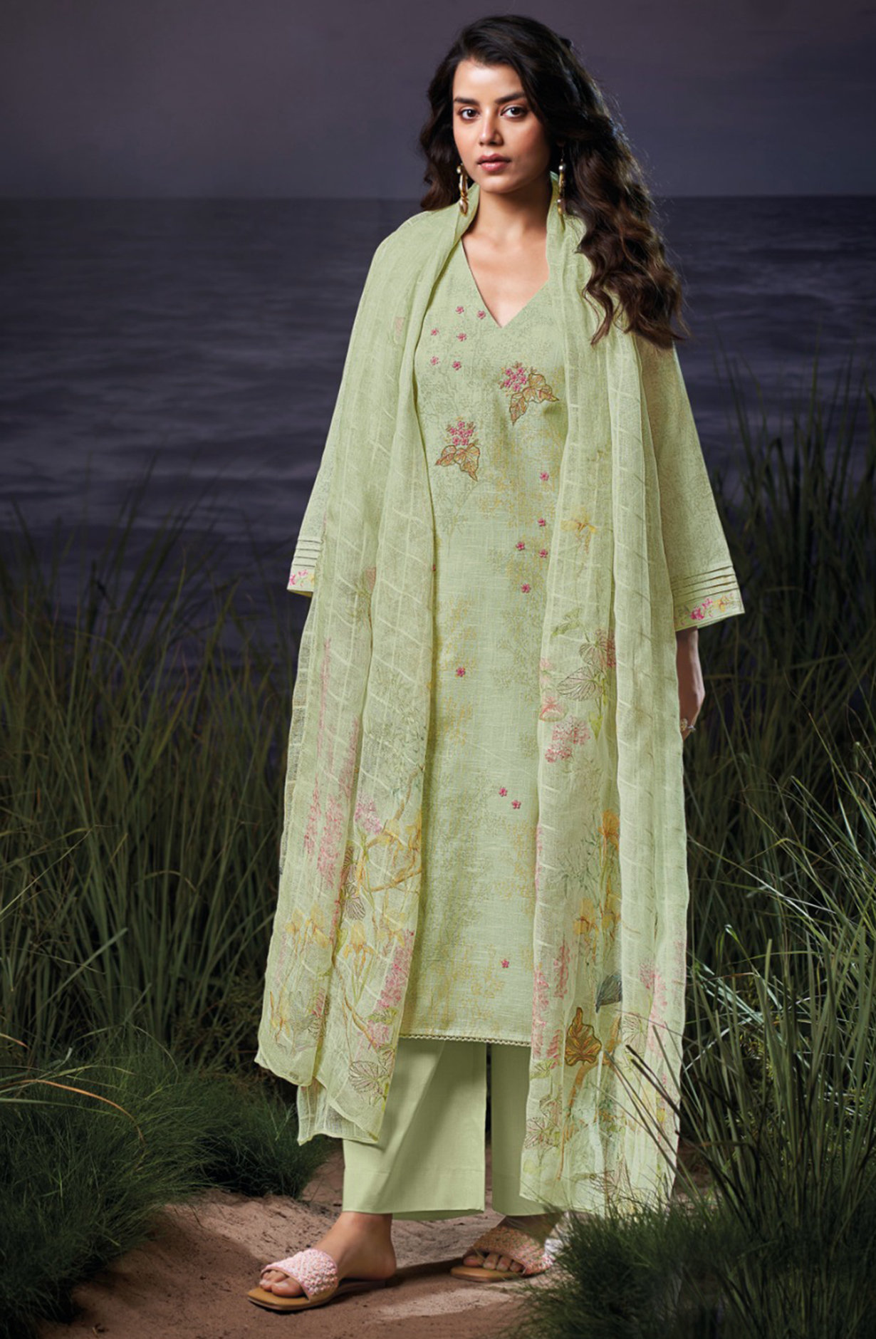 Green Cotton Linen Printed Suit Set with Dupatta- EVAS3555D