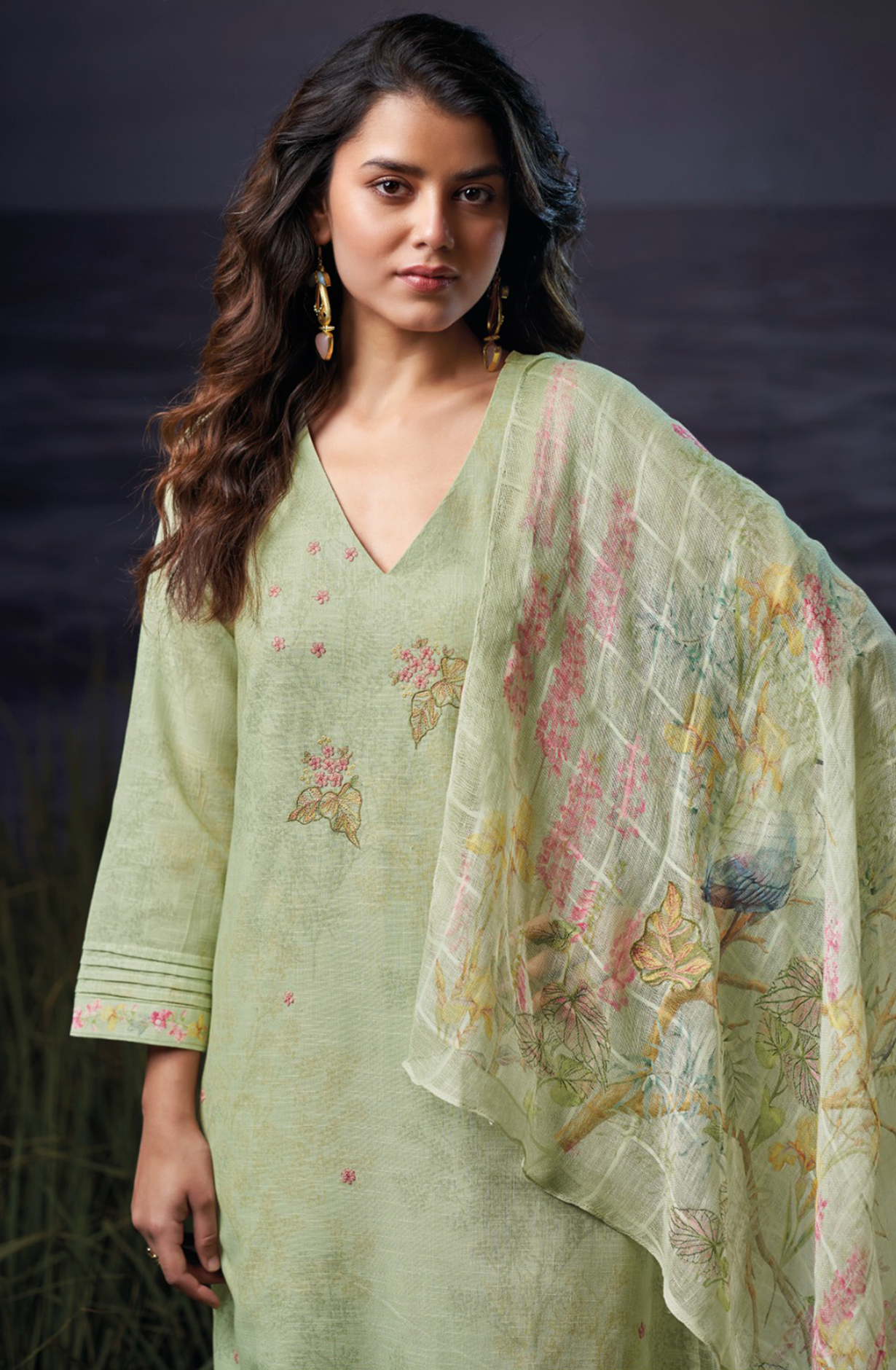 Green Cotton Linen Printed Suit Set with Dupatta- EVAS3555D