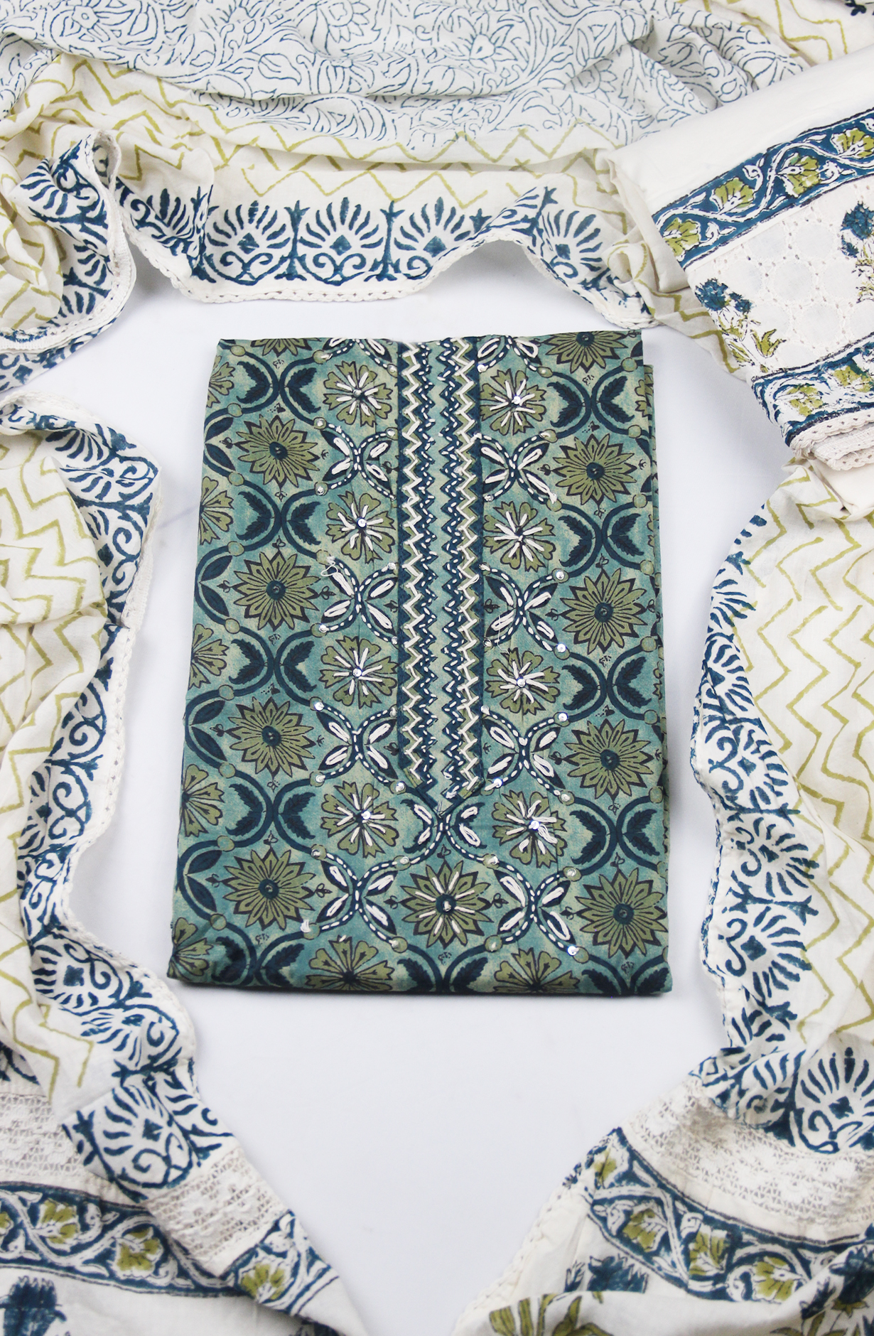 Green Cotton Digital Printed Suit Set with Dupatta - 983-5369-2A