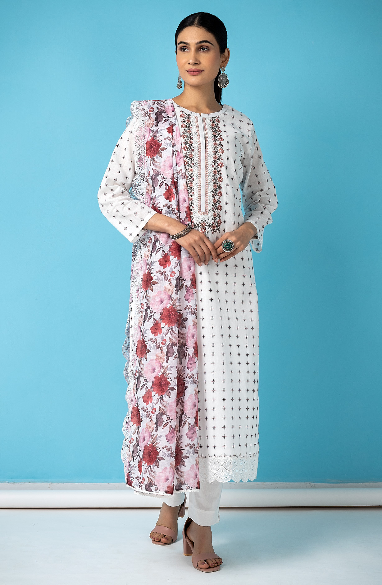 White and Black Cotton Exclusive Dobby Printed Salwar Kameez - FAR1878