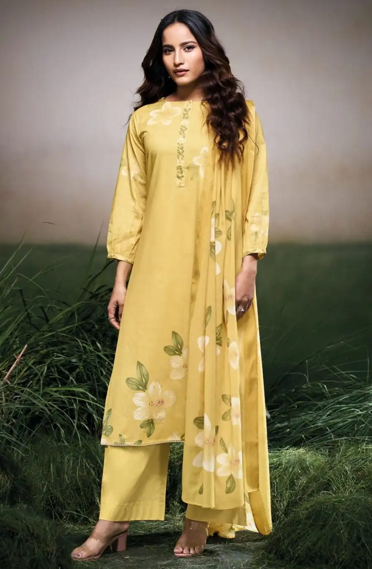 Yellow Cotton Linen Suit Set with Kota Dupatta  - FARS3523A