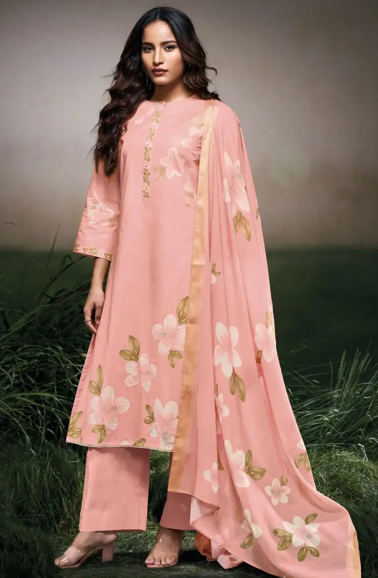 Pink Cotton Linen Suit Set with Kota Dupatta - FARS3523B