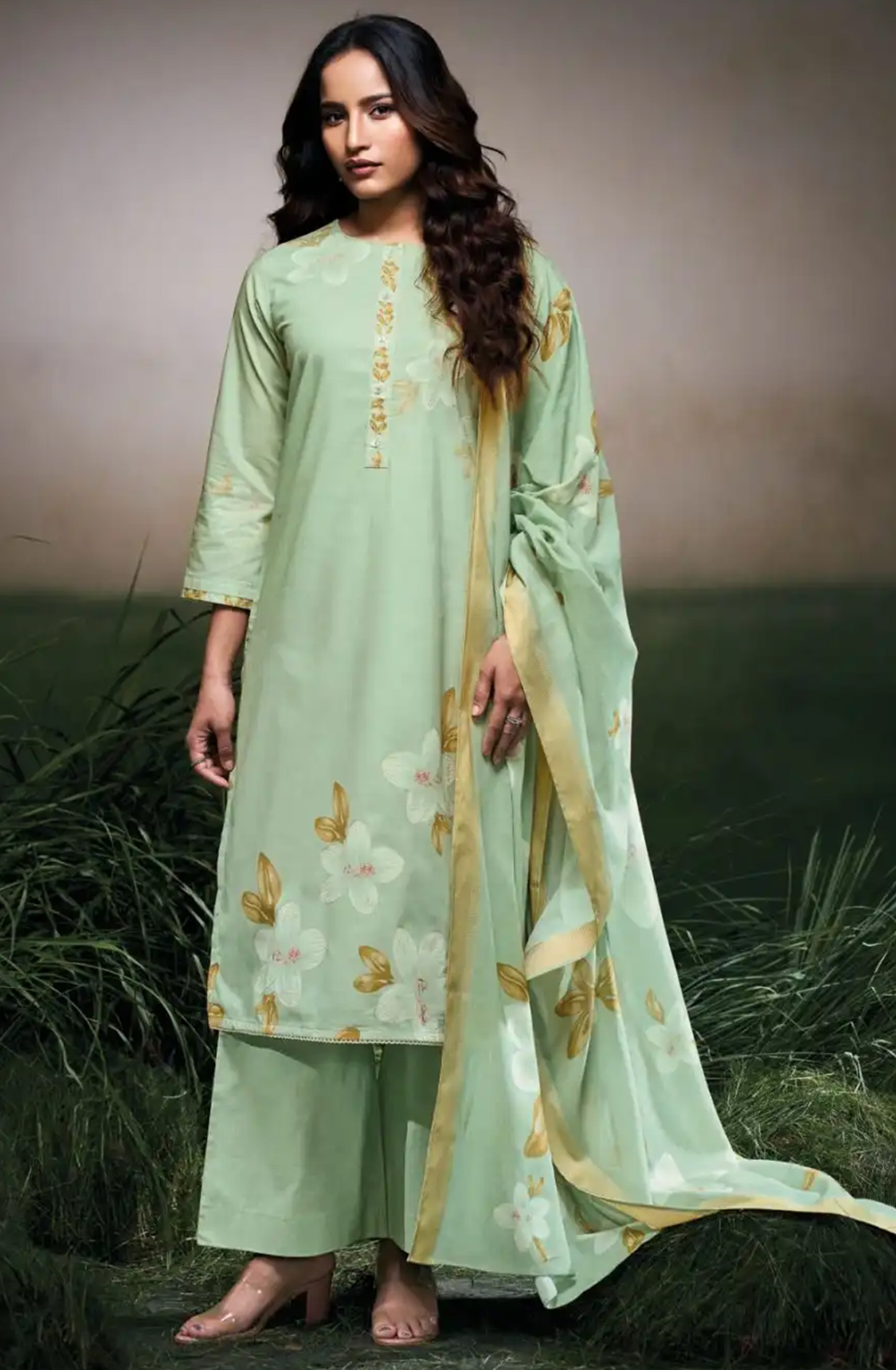 Green Cotton Linen Suit Set with Kota Dupatta  - FARS3523C