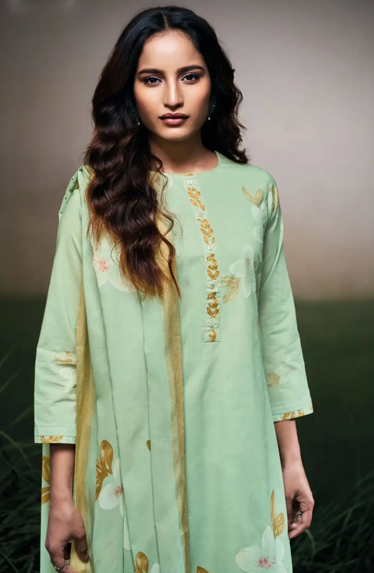 Green Cotton Linen Suit Set with Kota Dupatta  - FARS3523C