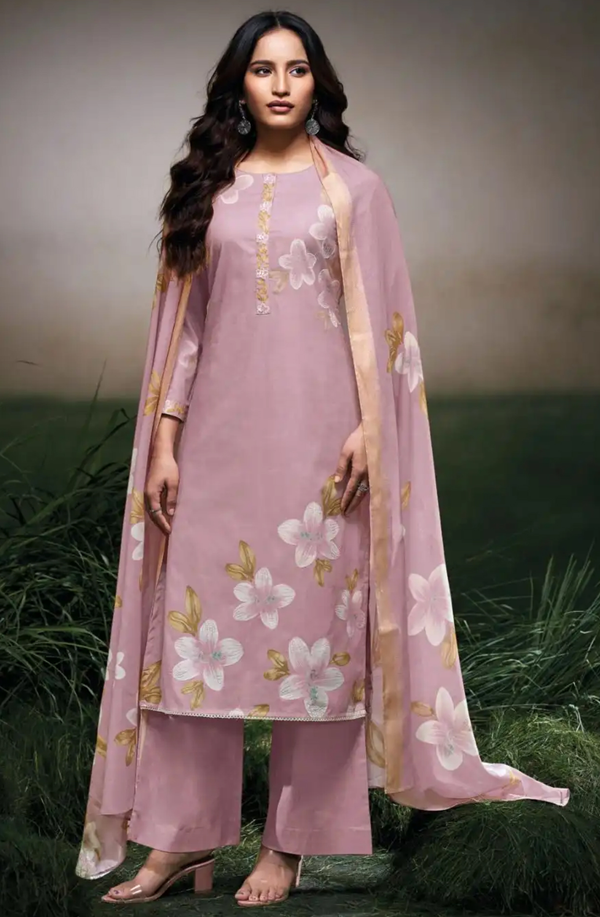 Purple Cotton Linen Suit Set with Kota Dupatta  - FARS3523D