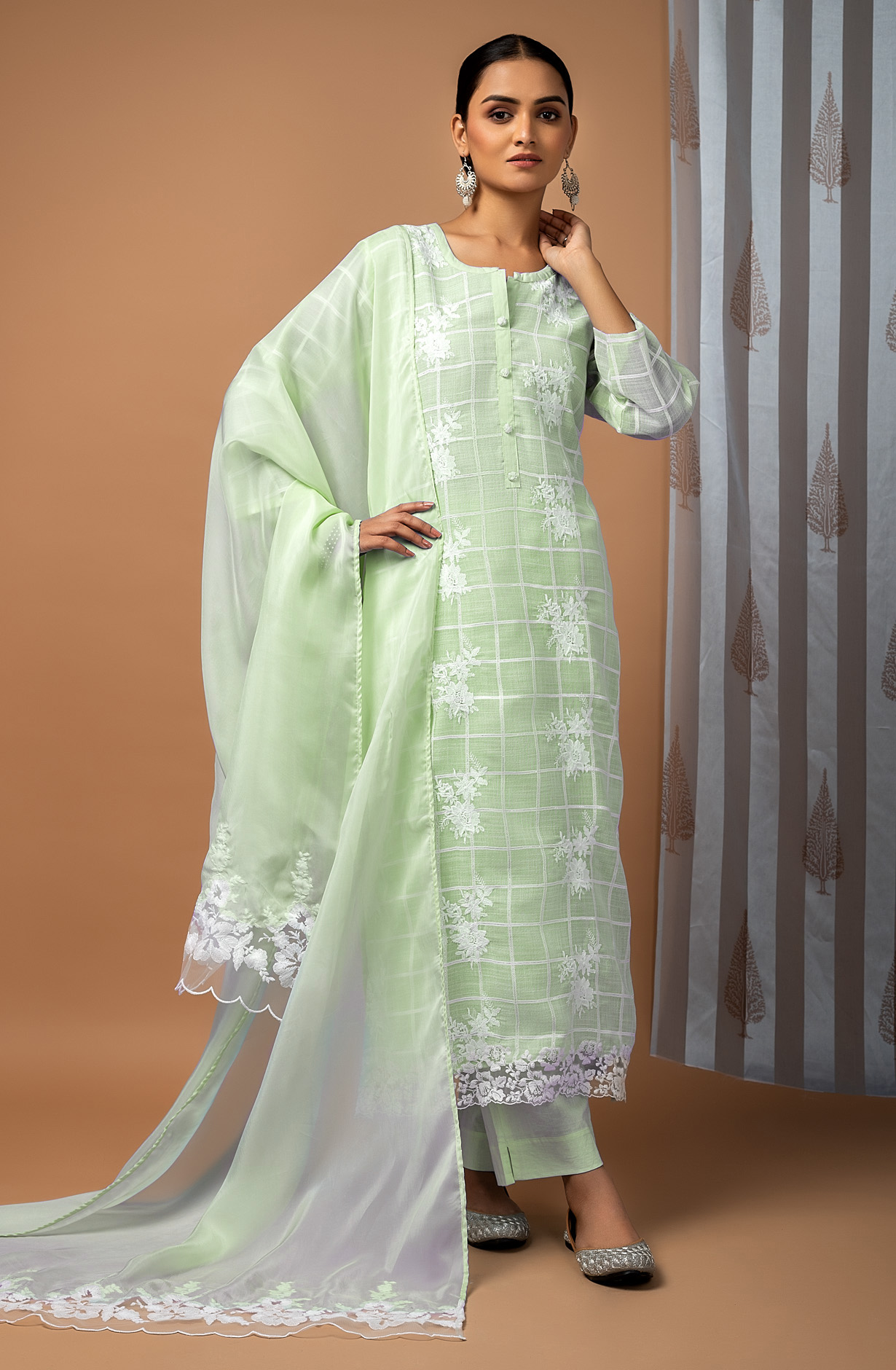 Lime Green Linen Beautiful Embroidered Suit with Organza Dupatta - FAU1886C
