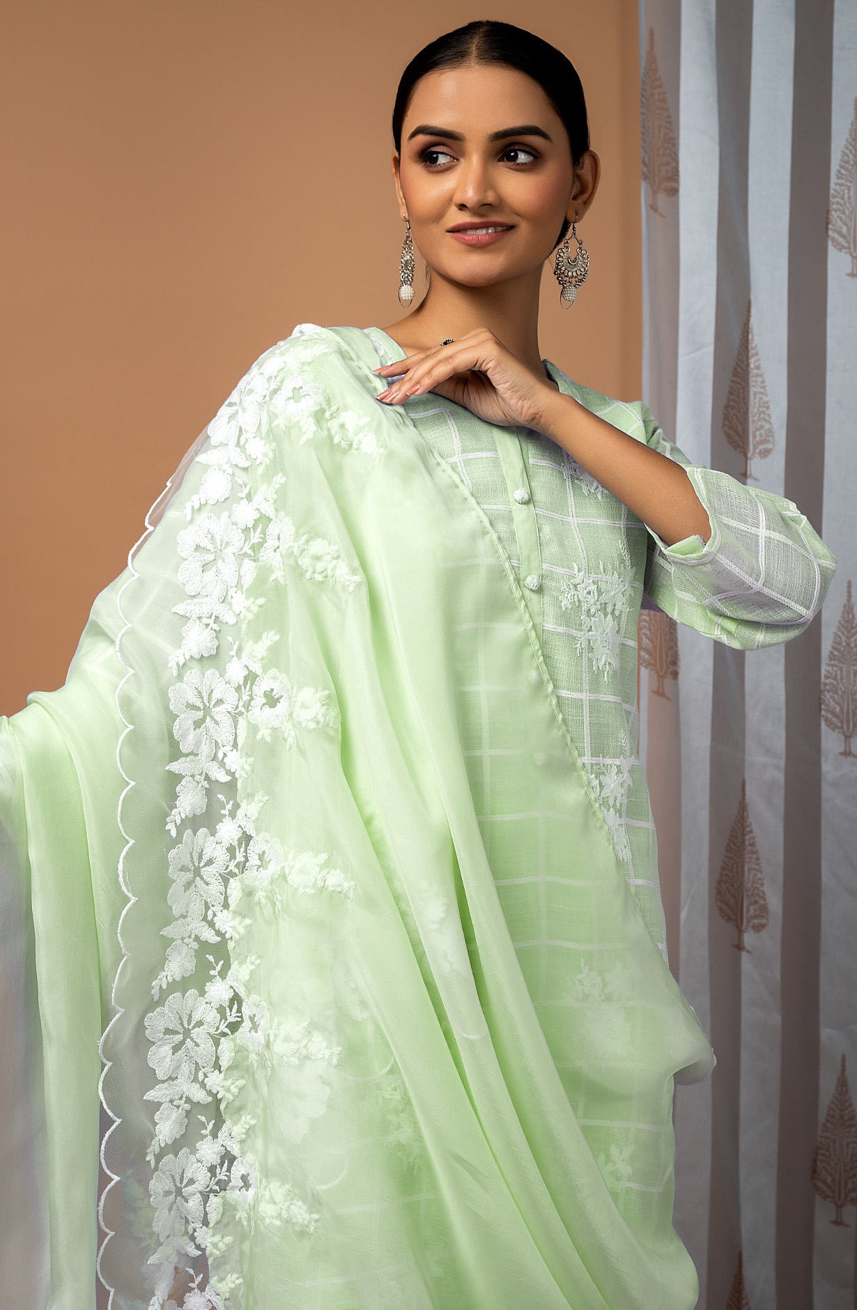 Lime Green Linen Beautiful Embroidered Suit with Organza Dupatta - FAU1886C